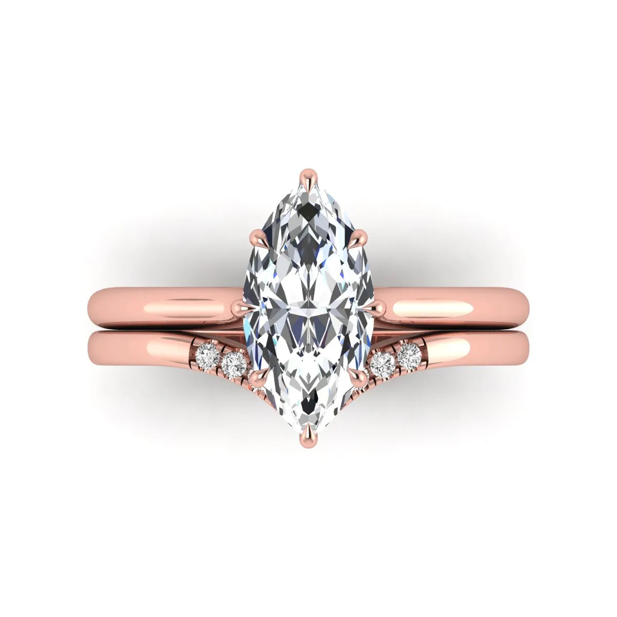 Marquise cut lab grown diamond bypass engagement ring with round side diamonds in a prong setting and rose gold tone band.