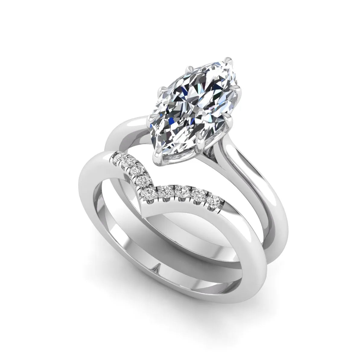 Marquise cut lab grown diamond bypass engagement ring with round side diamonds in a prong setting and white gold tone band.