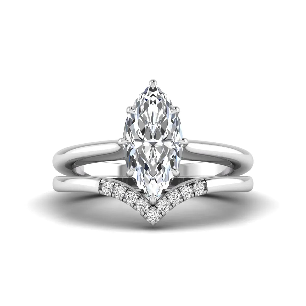 Marquise cut lab grown diamond bypass engagement ring with round side diamonds in a prong setting and white gold tone band.