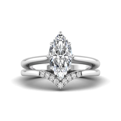 Marquise cut lab grown diamond bypass engagement ring with round side diamonds in a prong setting and white gold tone band.