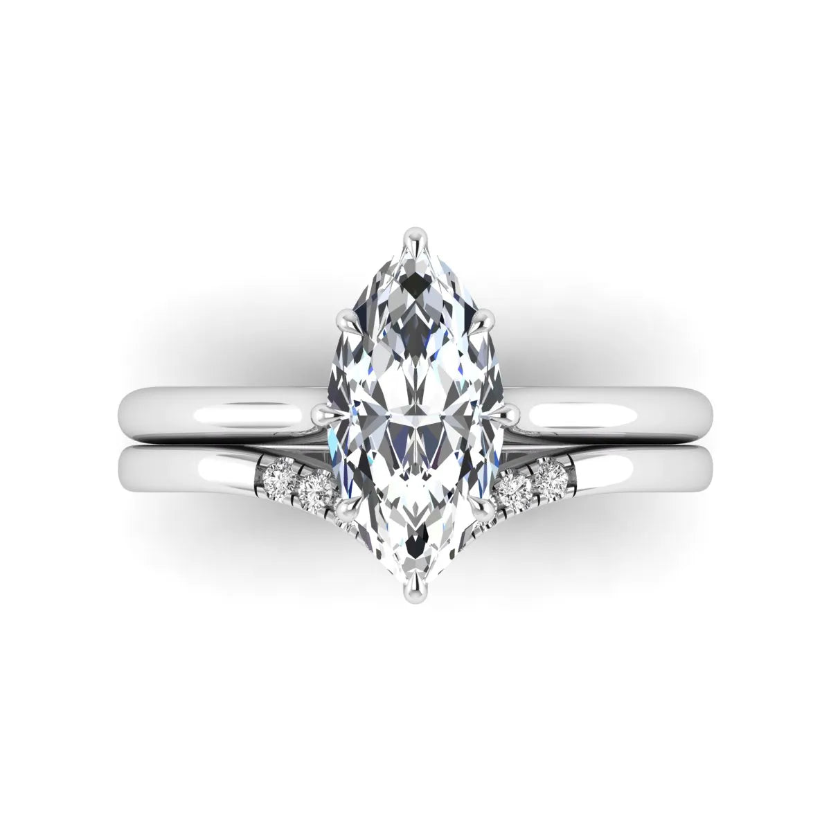 Marquise cut lab grown diamond bypass engagement ring with round side diamonds in a prong setting and white gold tone band.