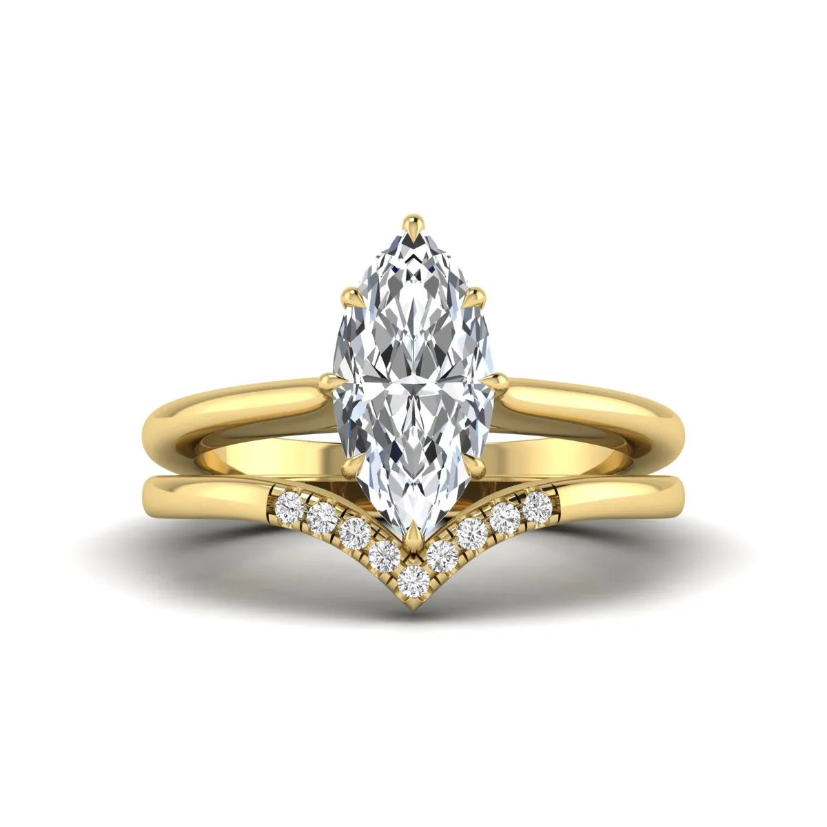 Marquise cut lab grown diamond bypass engagement ring with round side diamonds in a prong setting and yellow gold tone band.
