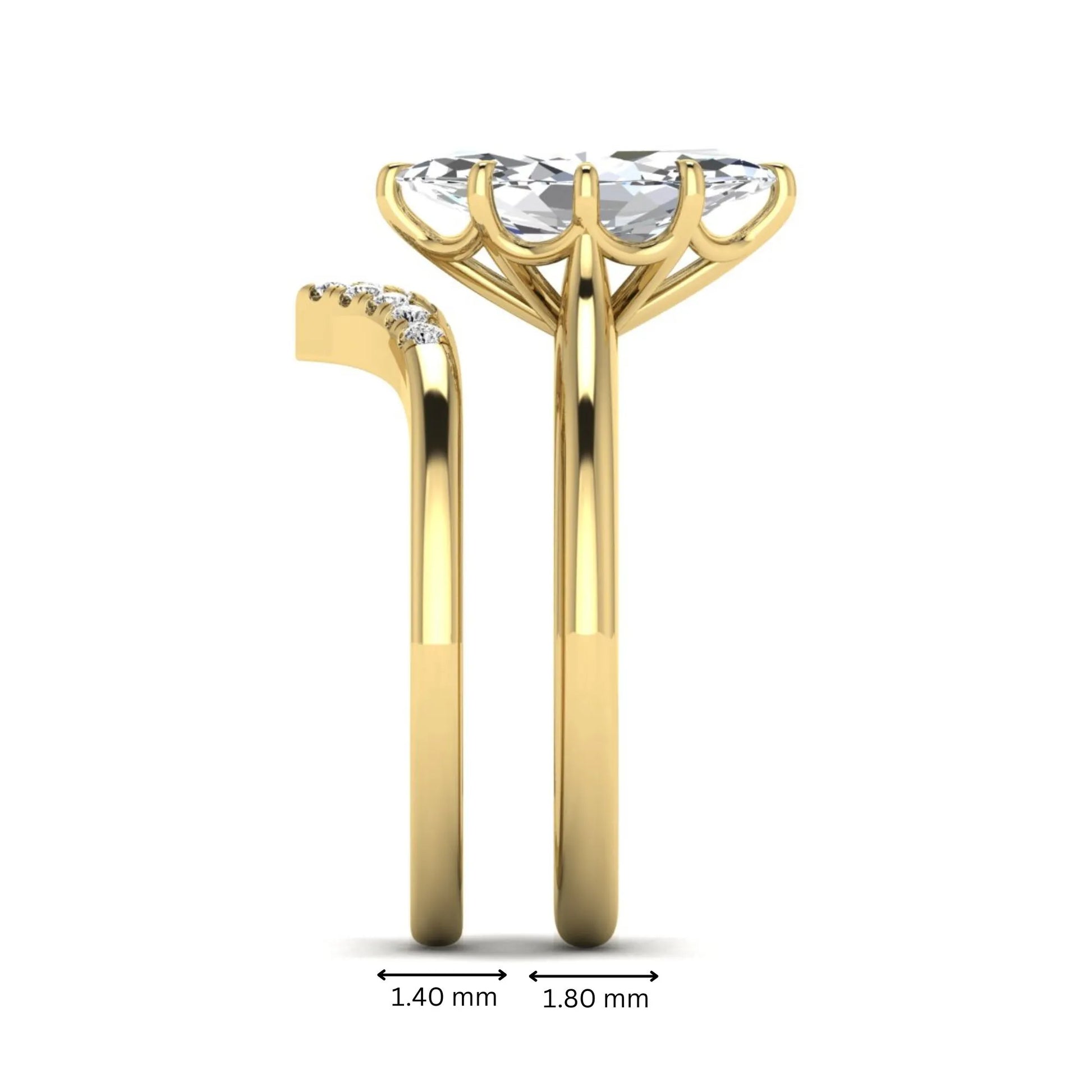 Marquise cut lab grown diamond bypass engagement ring with round side diamonds in a prong setting and yellow gold tone band.