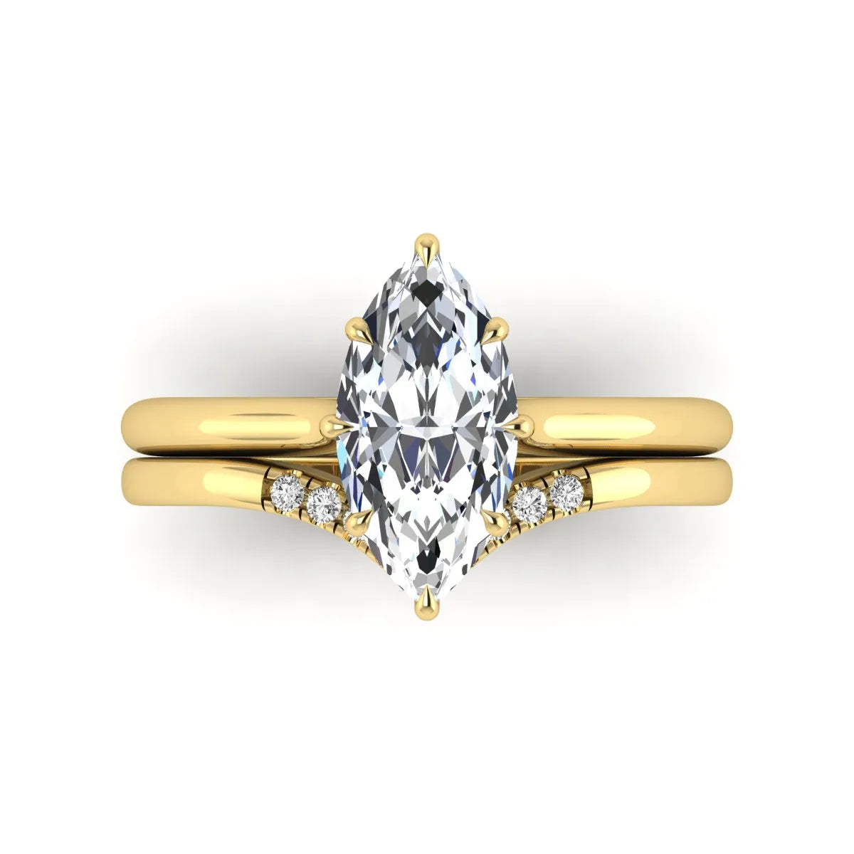 Marquise cut lab grown diamond bypass engagement ring with round side diamonds in a prong setting and yellow gold tone band.