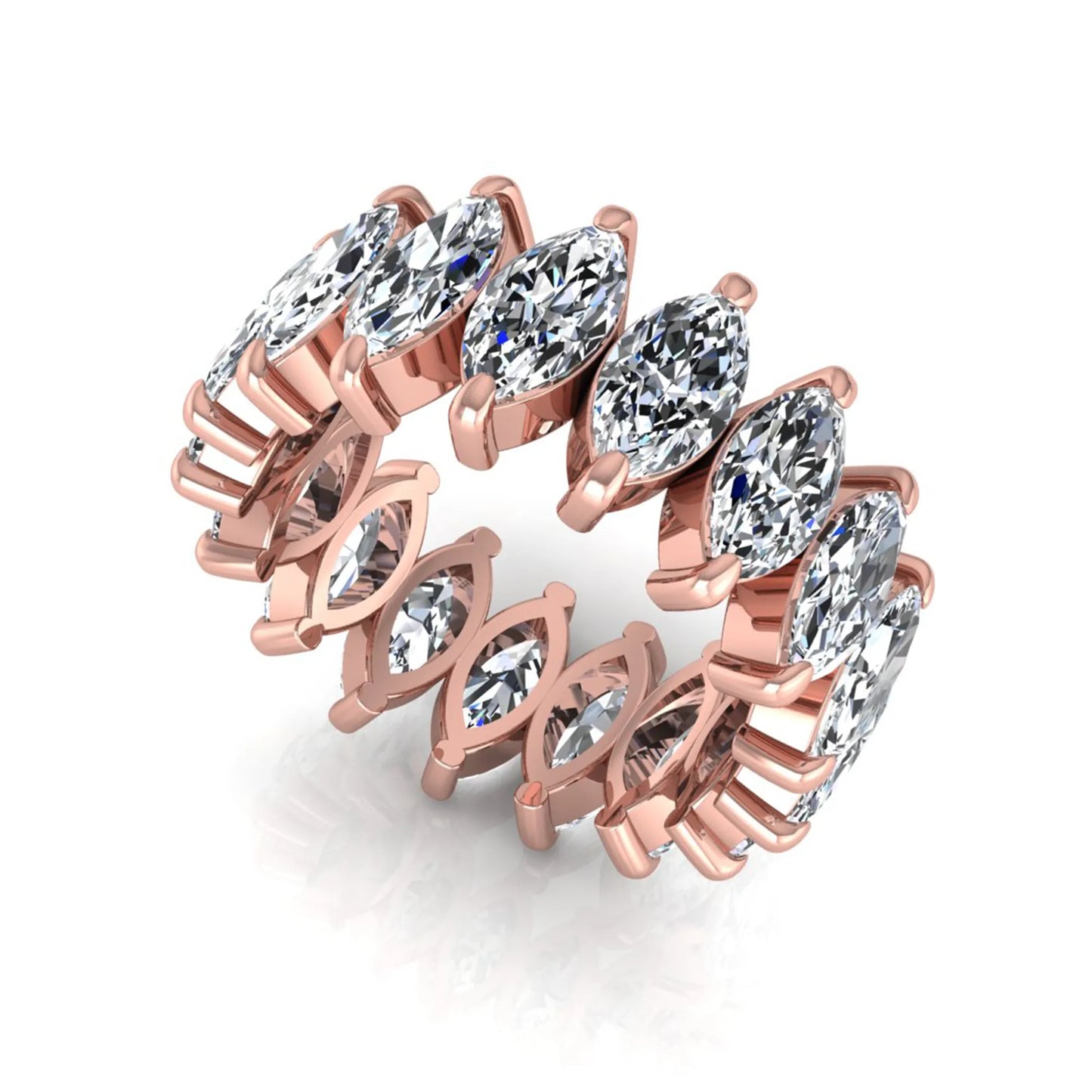 Marquise prong set lab grown diamond eternity band ring featuring 7.99 carat marquise cut diamonds in a luxurious rose gold design.