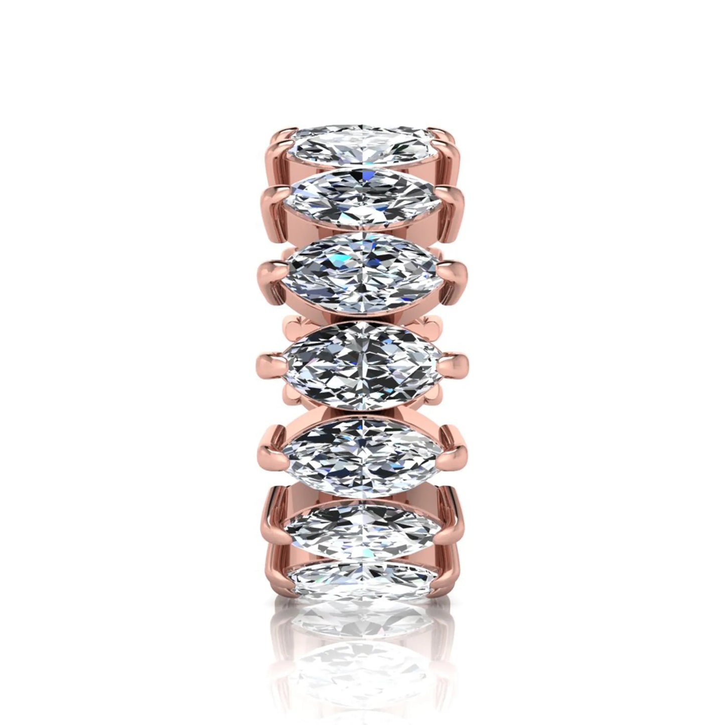 Marquise prong set lab grown diamond eternity band ring featuring 7.99 carat marquise cut diamonds in a luxurious rose gold design.