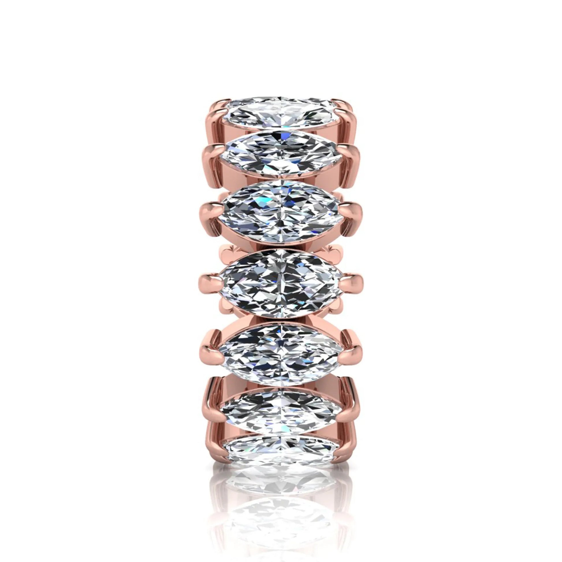 Marquise prong set lab grown diamond eternity band ring featuring 7.99 carat marquise cut diamonds in a luxurious rose gold design.