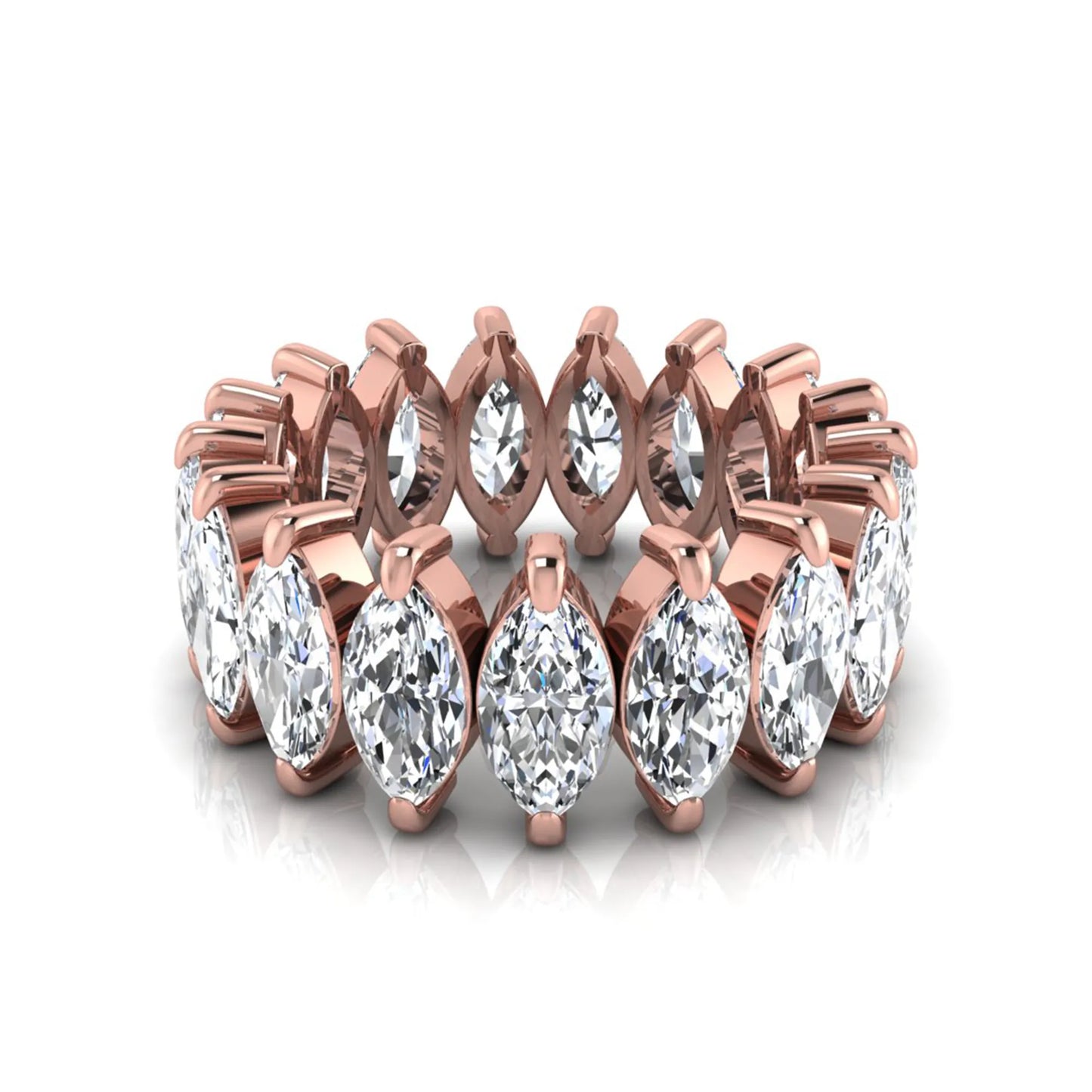 Marquise prong set lab grown diamond eternity band ring featuring 7.99 carat marquise cut diamonds in a luxurious rose gold design.