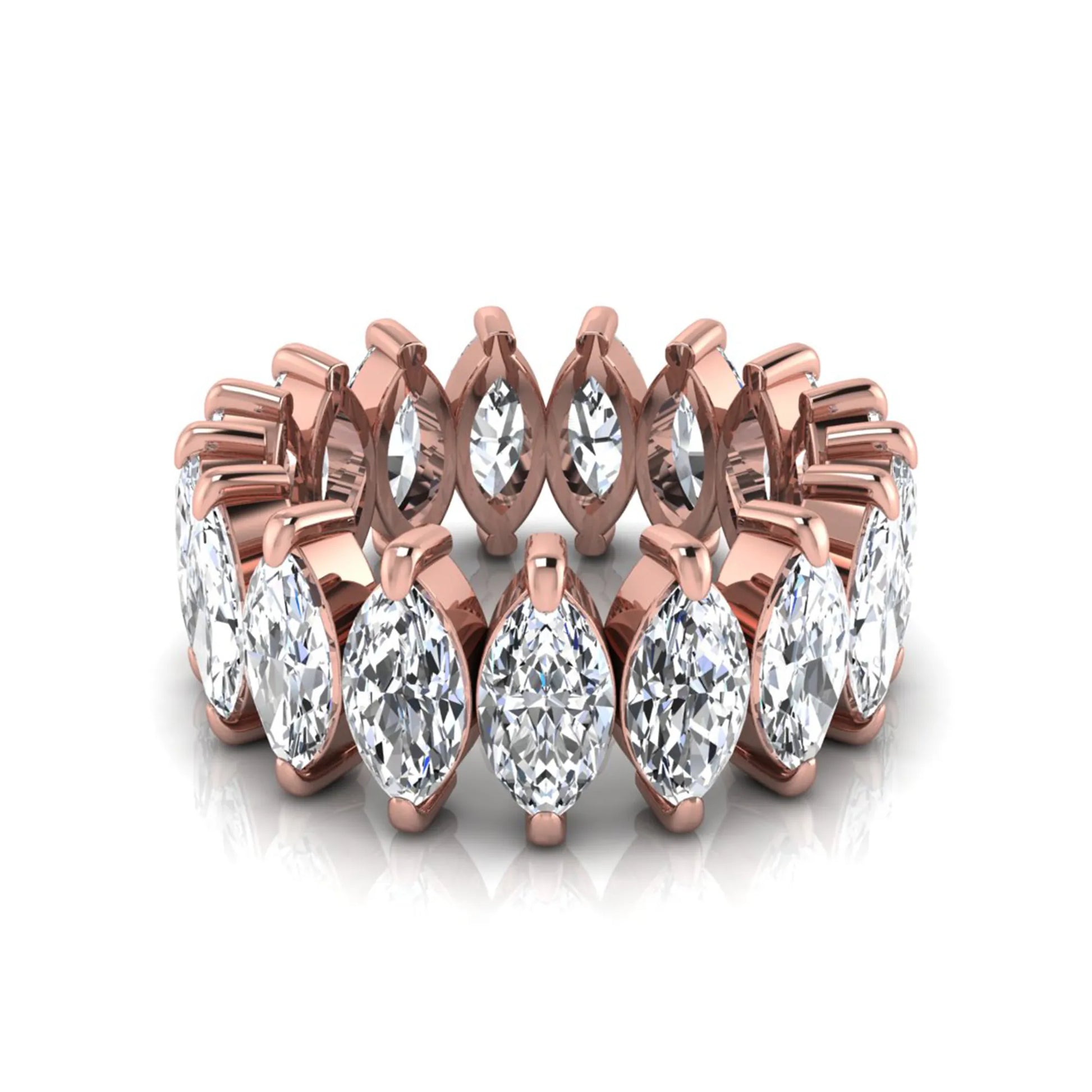 Marquise prong set lab grown diamond eternity band ring featuring 7.99 carat marquise cut diamonds in a luxurious rose gold design.