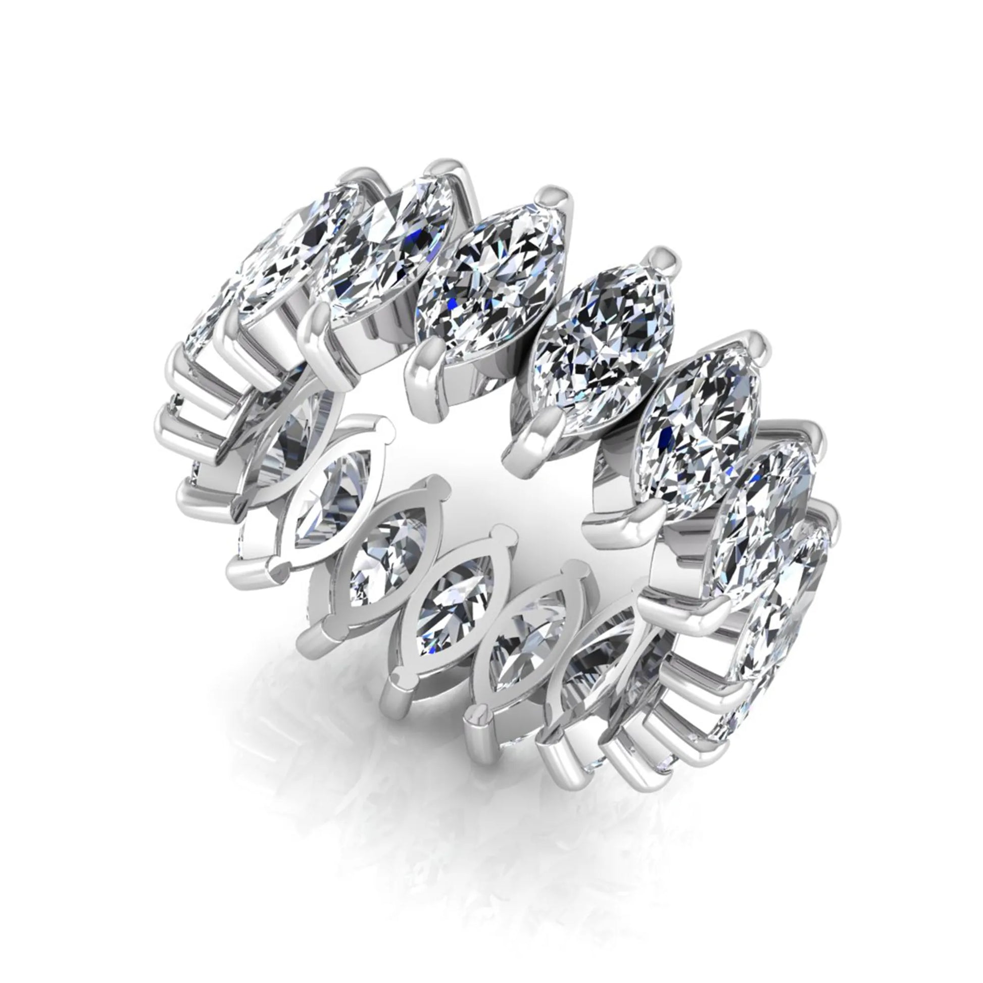 Marquise prong set lab grown diamond eternity band ring featuring 7.99 carat marquise cut diamonds in a luxurious white gold design.