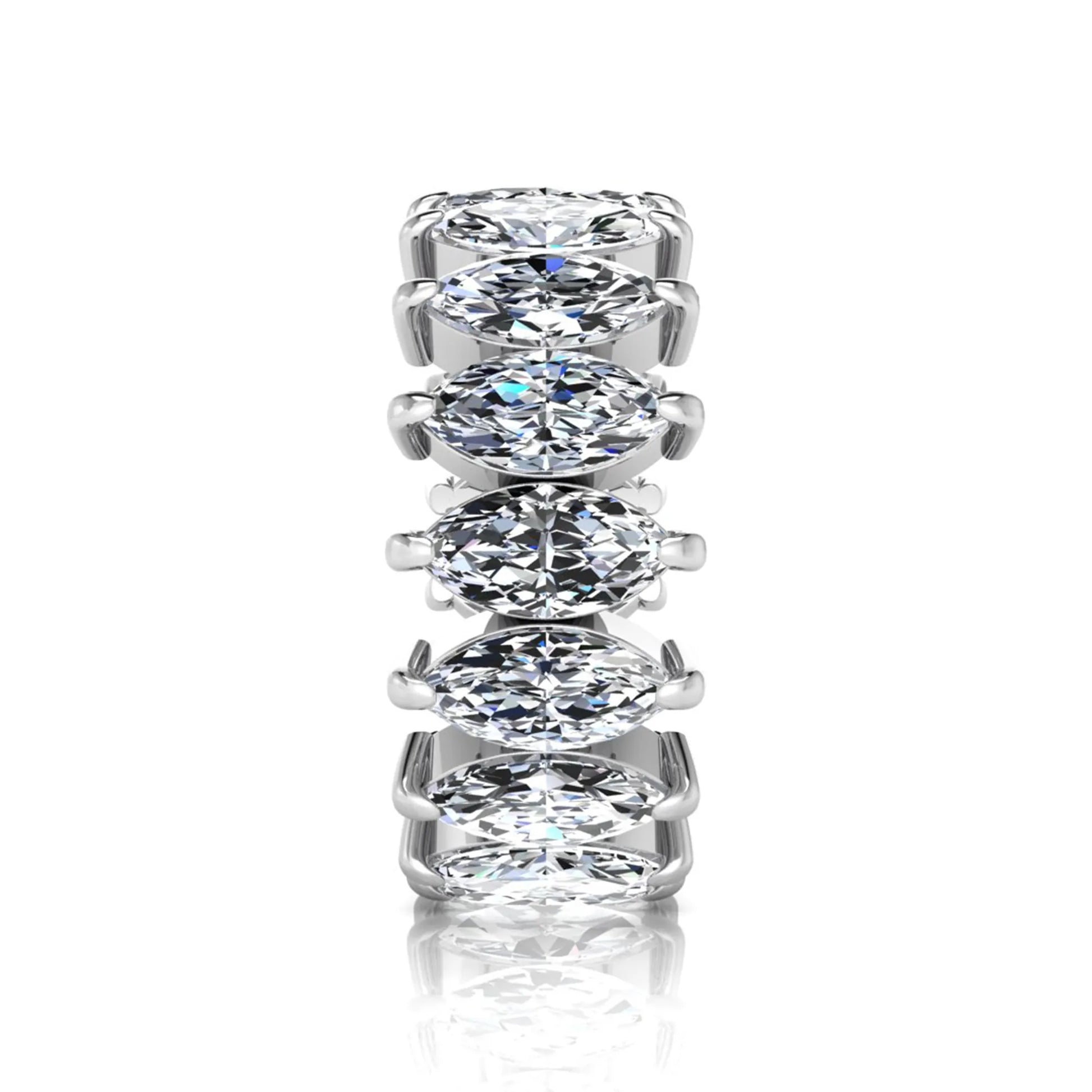 Marquise prong set lab grown diamond eternity band ring featuring 7.99 carat marquise cut diamonds in a luxurious white gold design.