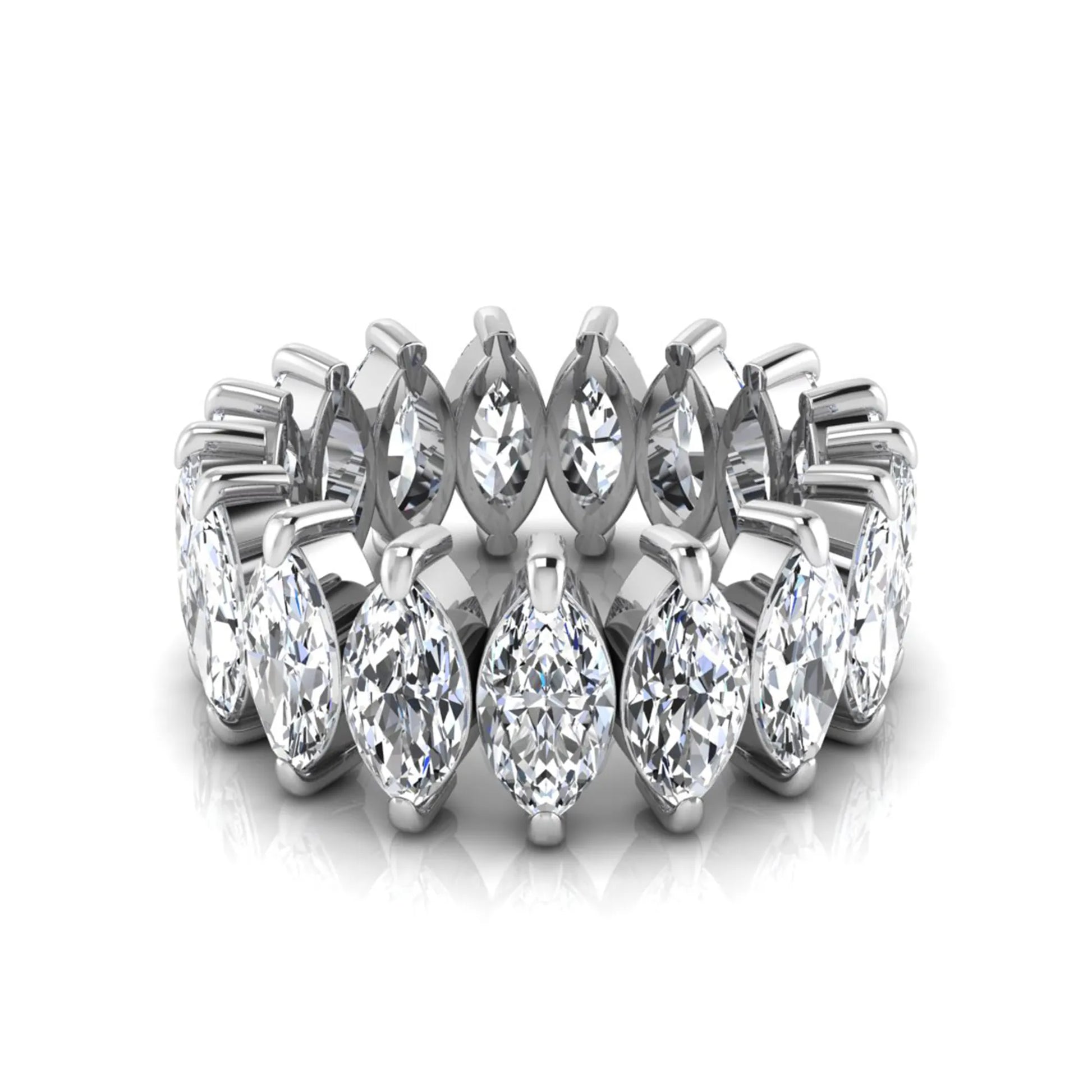 Marquise prong set lab grown diamond eternity band ring featuring 7.99 carat marquise cut diamonds in a luxurious white gold design.