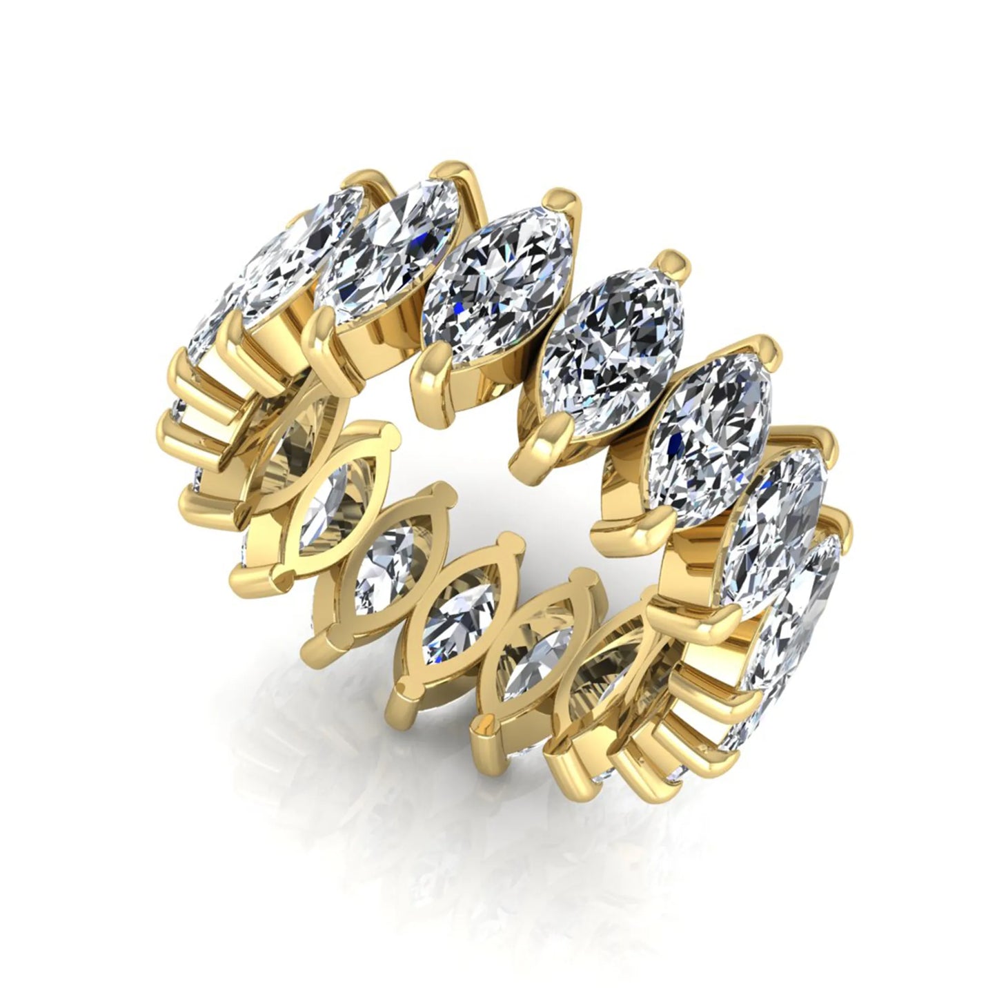 Marquise prong set lab grown diamond eternity band ring featuring 7.99 carat marquise cut diamonds in a luxurious yellow gold design.