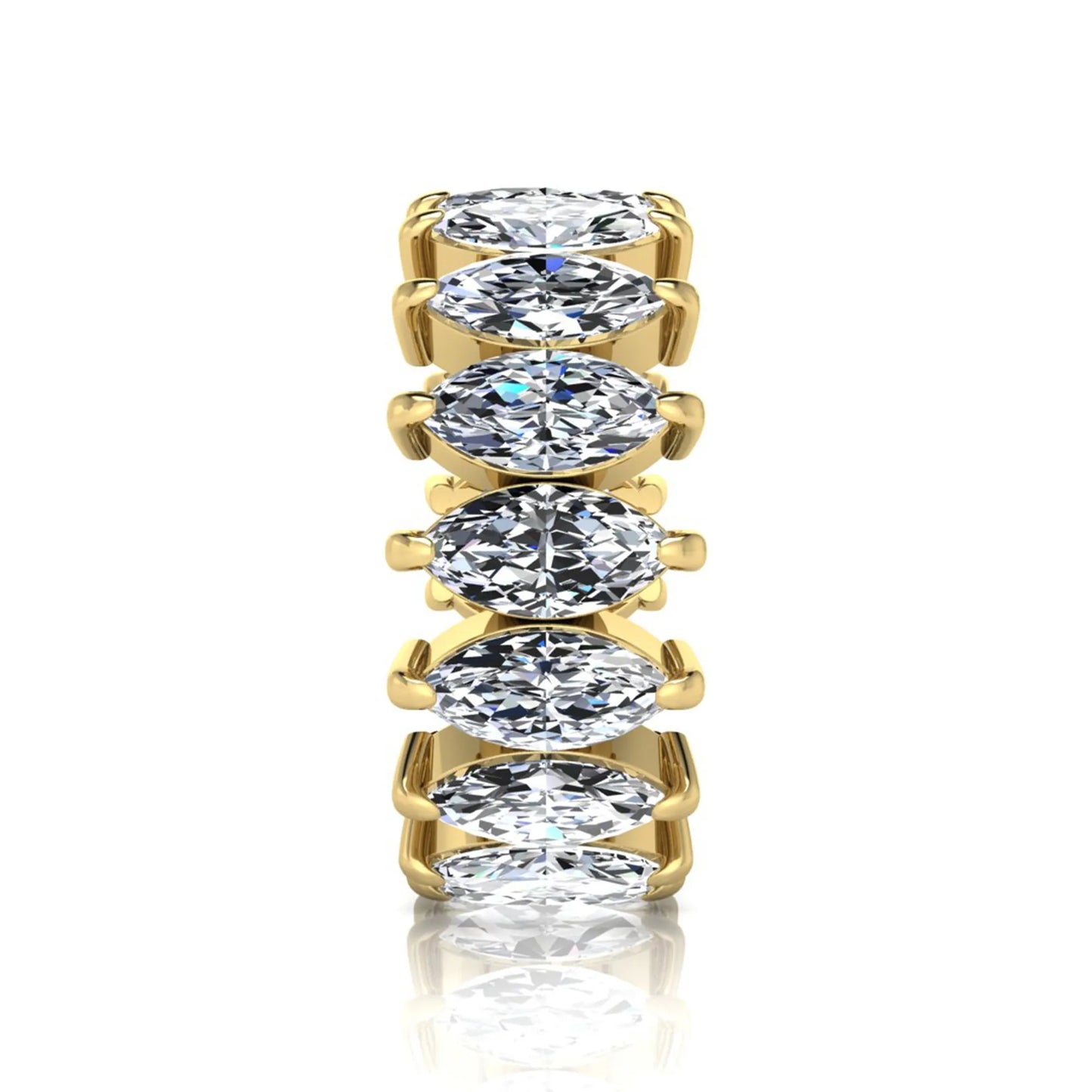 Marquise prong set lab grown diamond eternity band ring featuring 7.99 carat marquise cut diamonds in a luxurious yellow gold design.