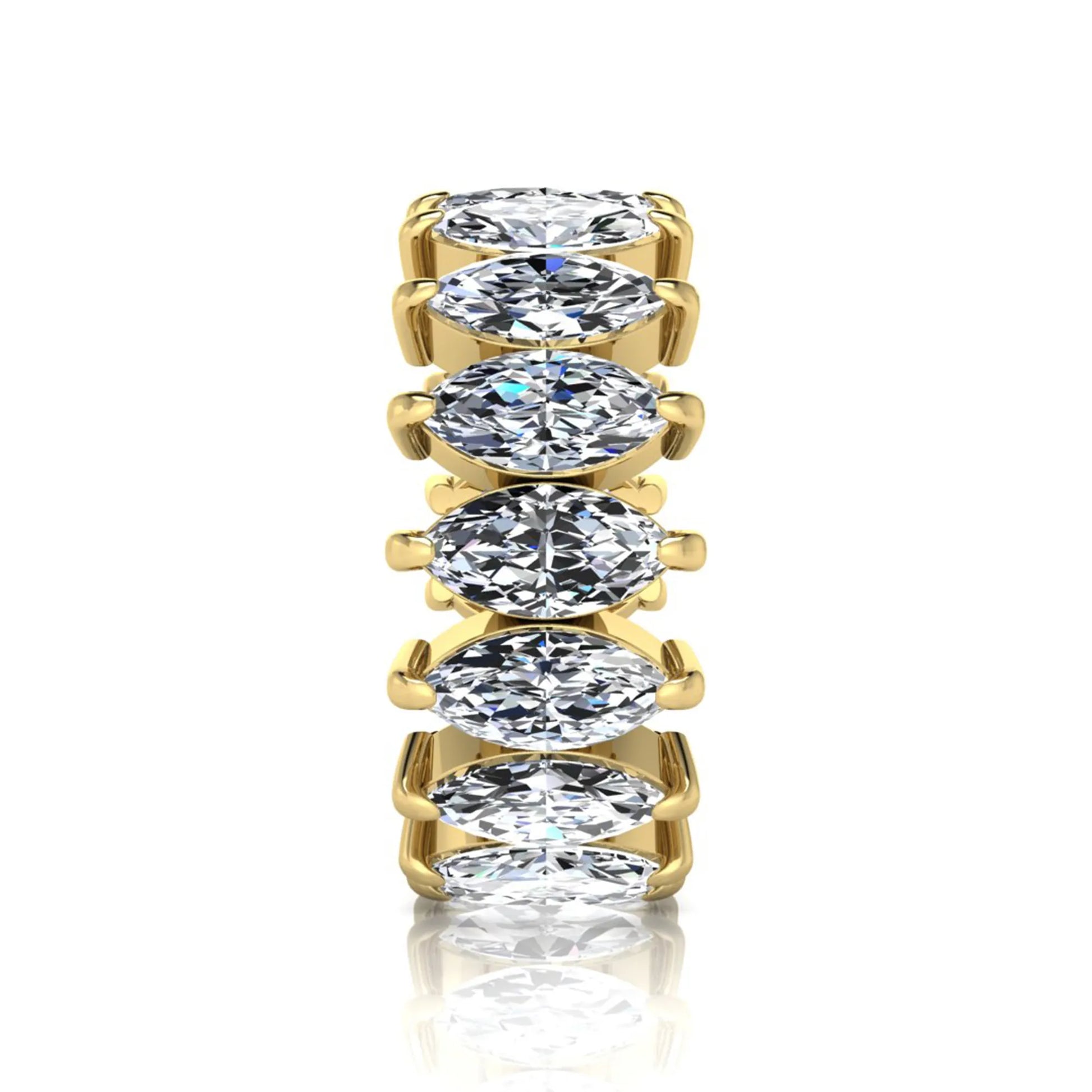 Marquise prong set lab grown diamond eternity band ring featuring 7.99 carat marquise cut diamonds in a luxurious yellow gold design.
