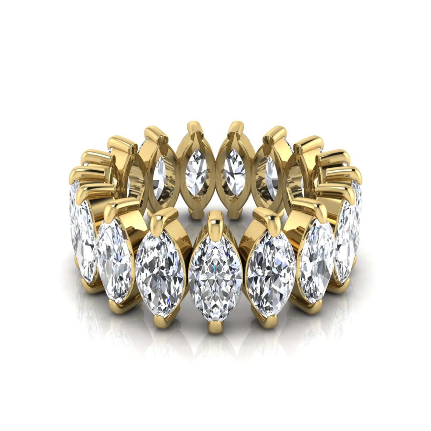 Marquise prong set lab grown diamond eternity band ring featuring 7.99 carat marquise cut diamonds in a luxurious yellow gold design.