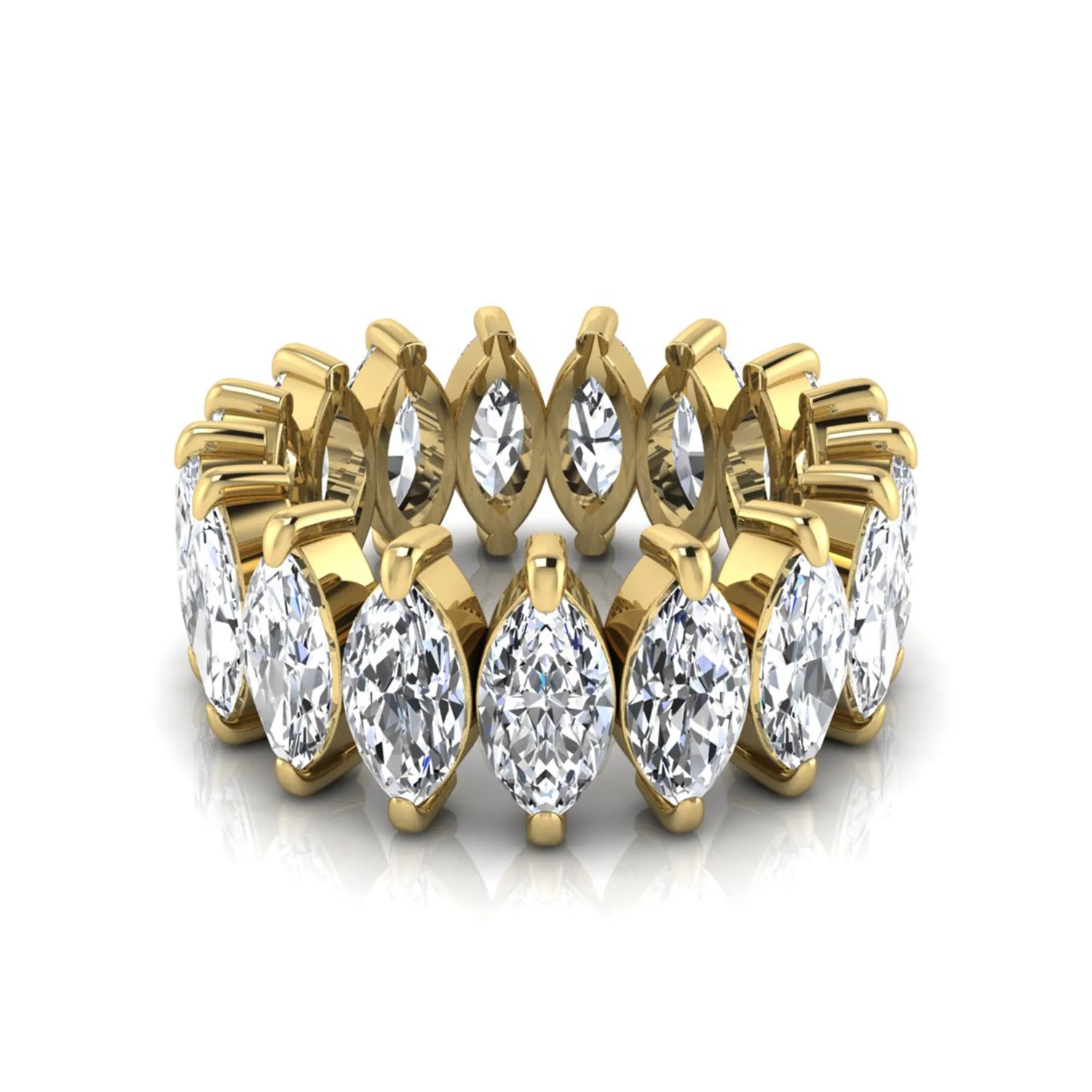 Marquise prong set lab grown diamond eternity band ring featuring 7.99 carat marquise cut diamonds in a luxurious yellow gold design.