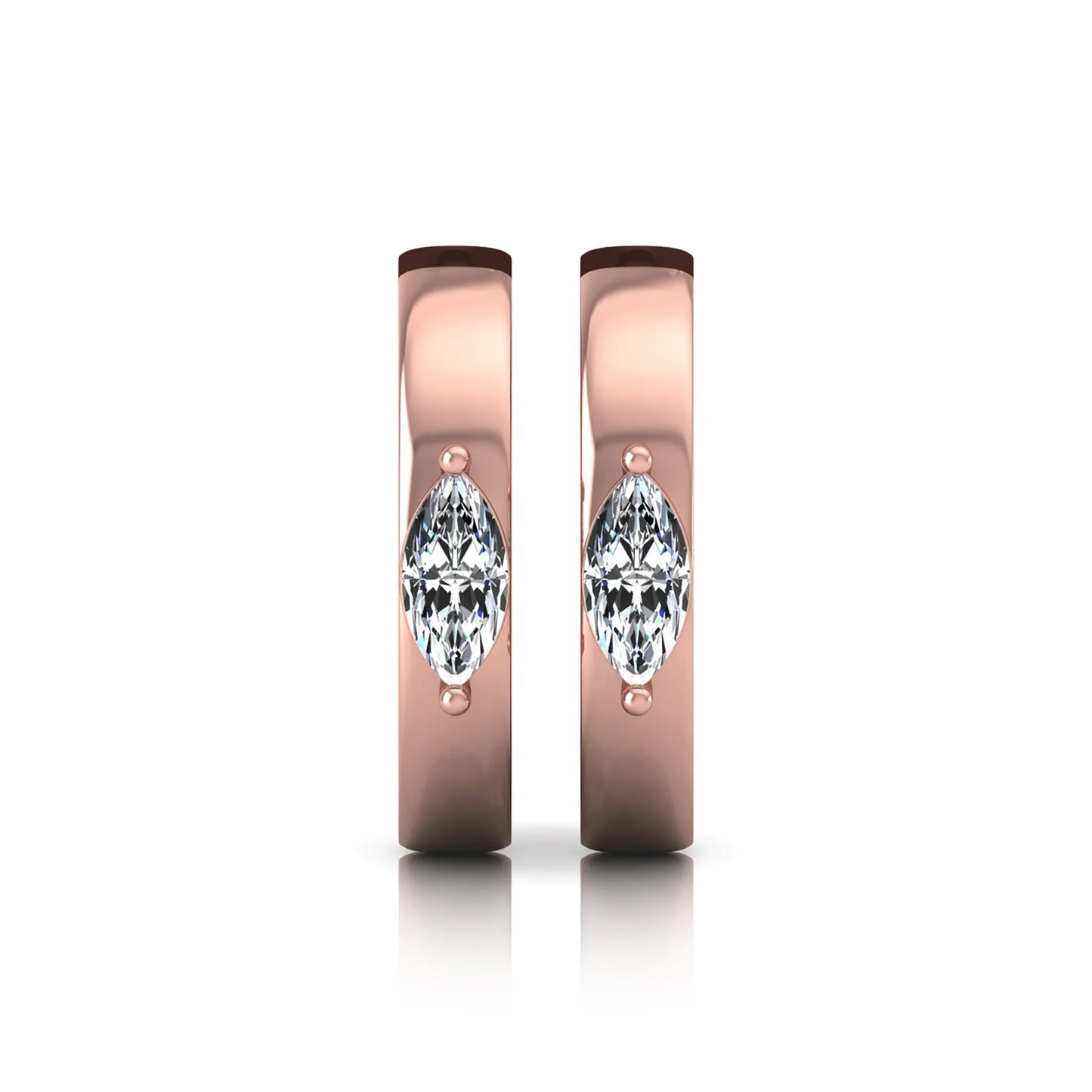 Marquise cut lab grown diamond huggie hoop earrings featuring a classic four prong setting and hinged snap closure shown in rose gold tone with a polished finish.