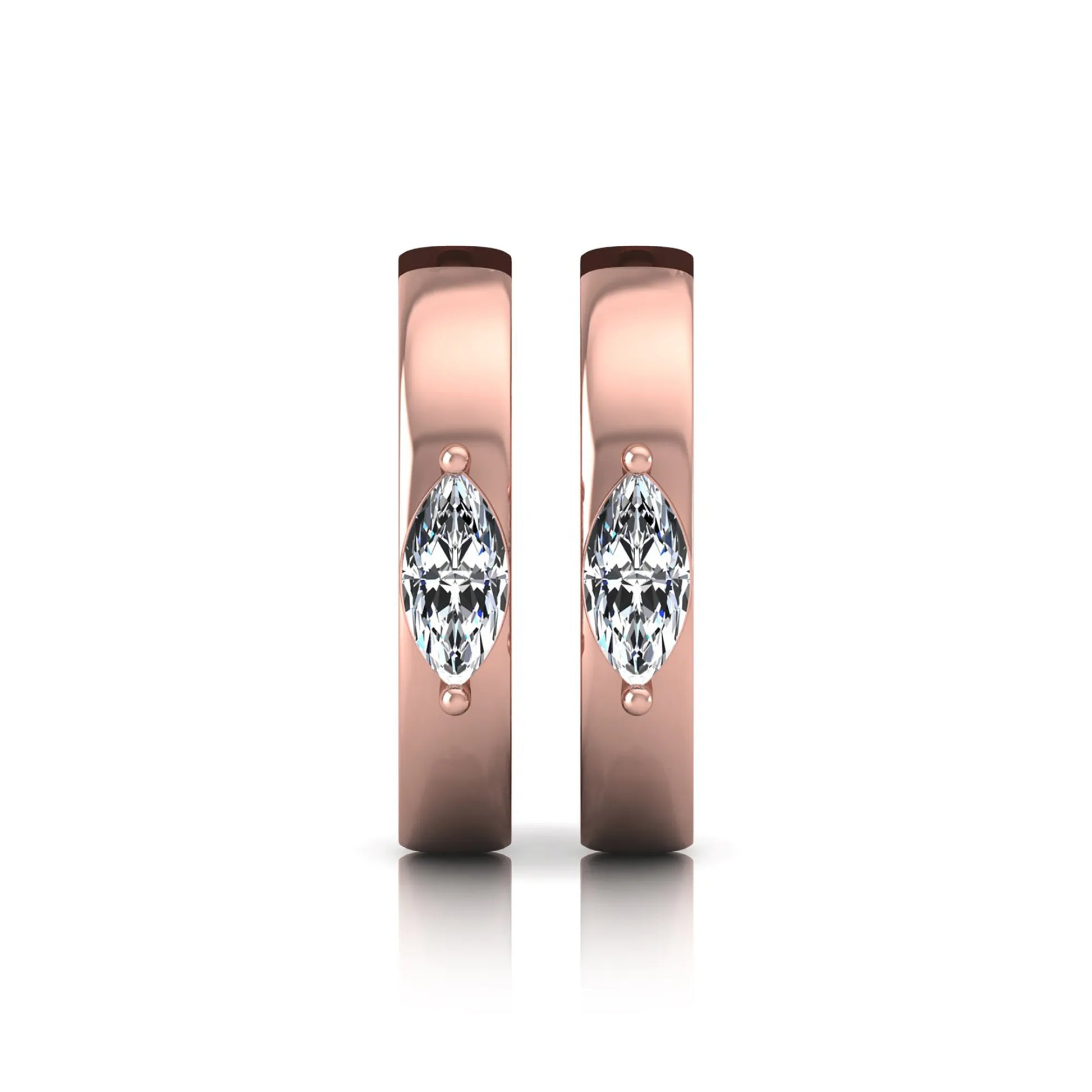 Marquise cut lab grown diamond huggie hoop earrings featuring a classic four prong setting and hinged snap closure shown in rose gold tone with a polished finish.