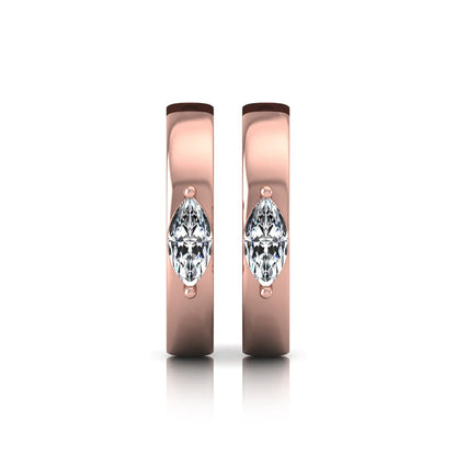 Marquise cut lab grown diamond huggie hoop earrings featuring a classic four prong setting and hinged snap closure shown in rose gold tone with a polished finish.