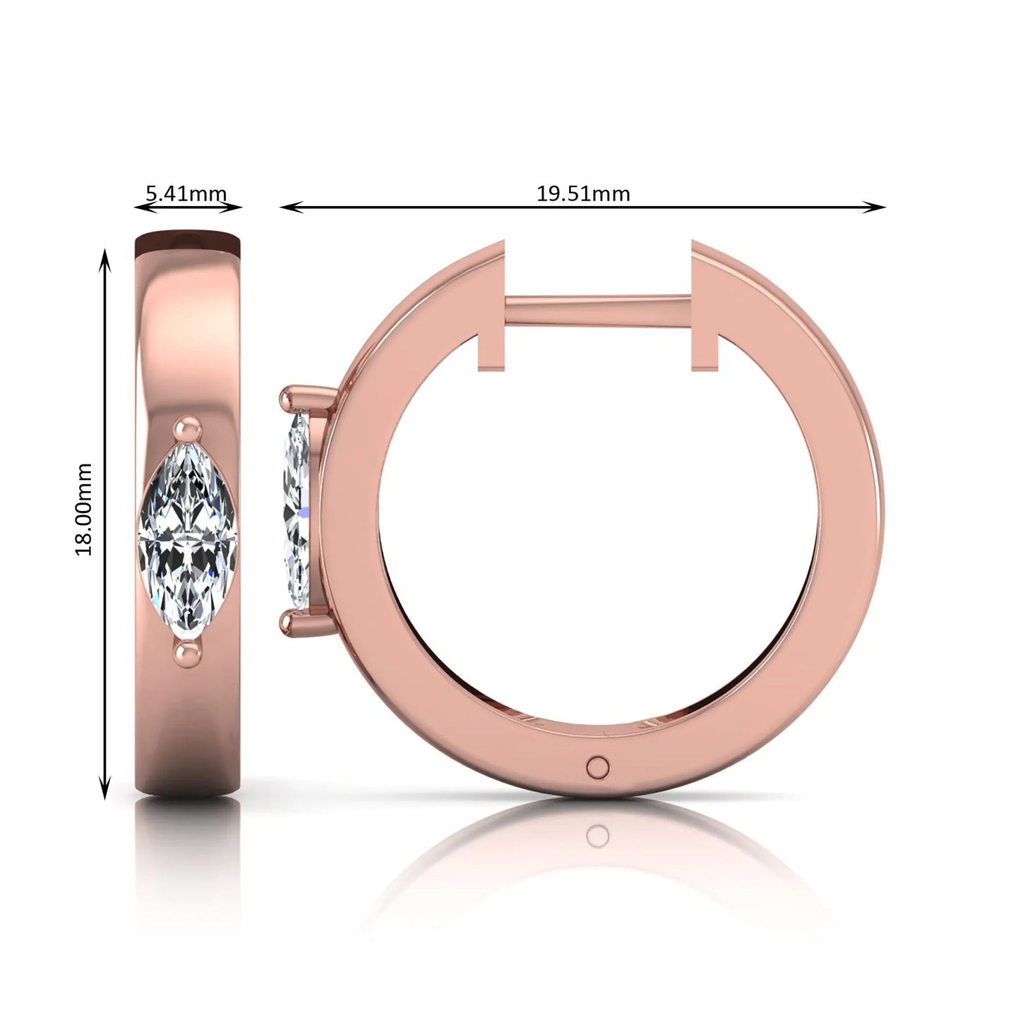 Marquise cut lab grown diamond huggie hoop earrings featuring a classic four prong setting and hinged snap closure shown in rose gold tone with a polished finish.