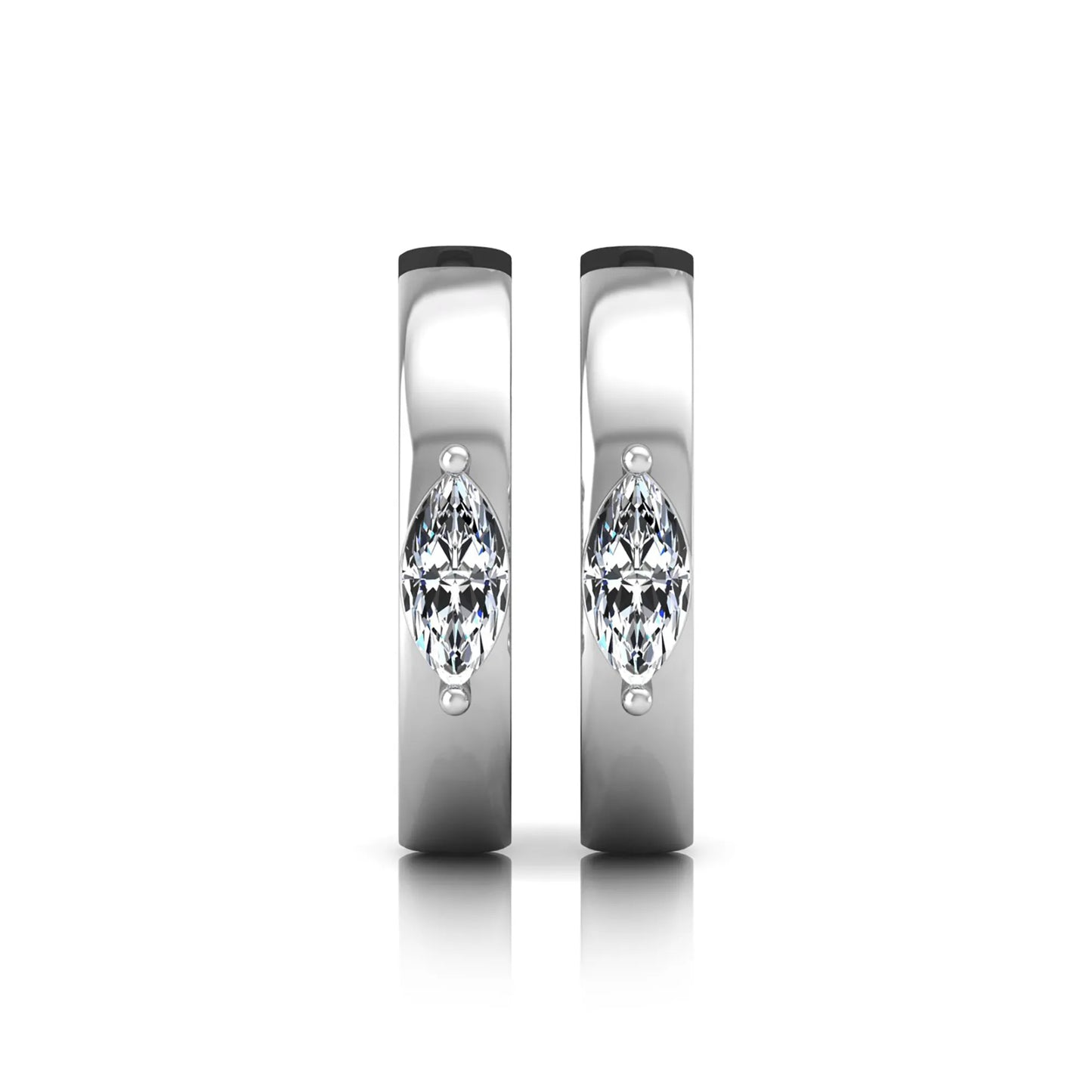 Marquise cut lab grown diamond huggie hoop earrings featuring a classic four prong setting and hinged snap closure shown in white gold tone with a polished finish.