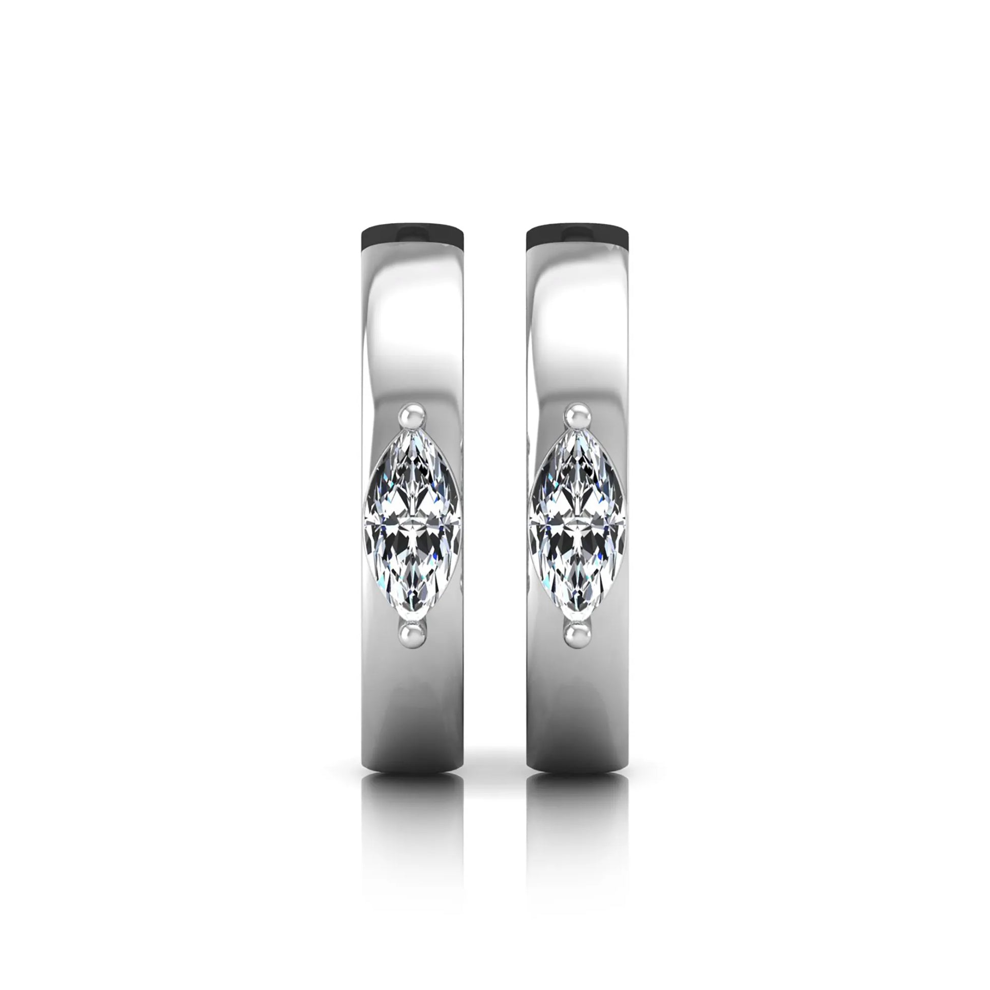 Marquise cut lab grown diamond huggie hoop earrings featuring a classic four prong setting and hinged snap closure shown in white gold tone with a polished finish.
