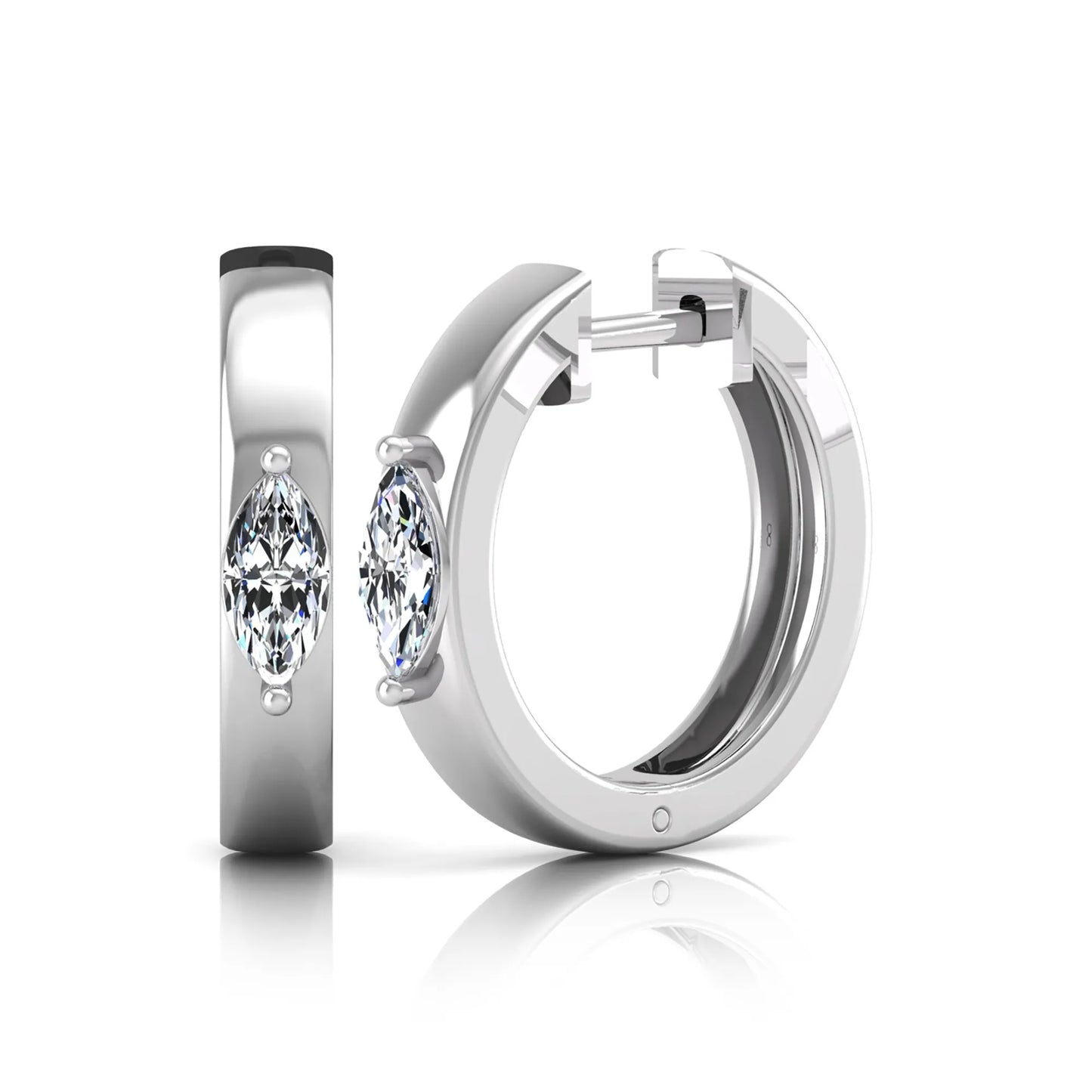Marquise cut lab grown diamond huggie hoop earrings featuring a classic four prong setting and hinged snap closure shown in white gold tone with a polished finish.