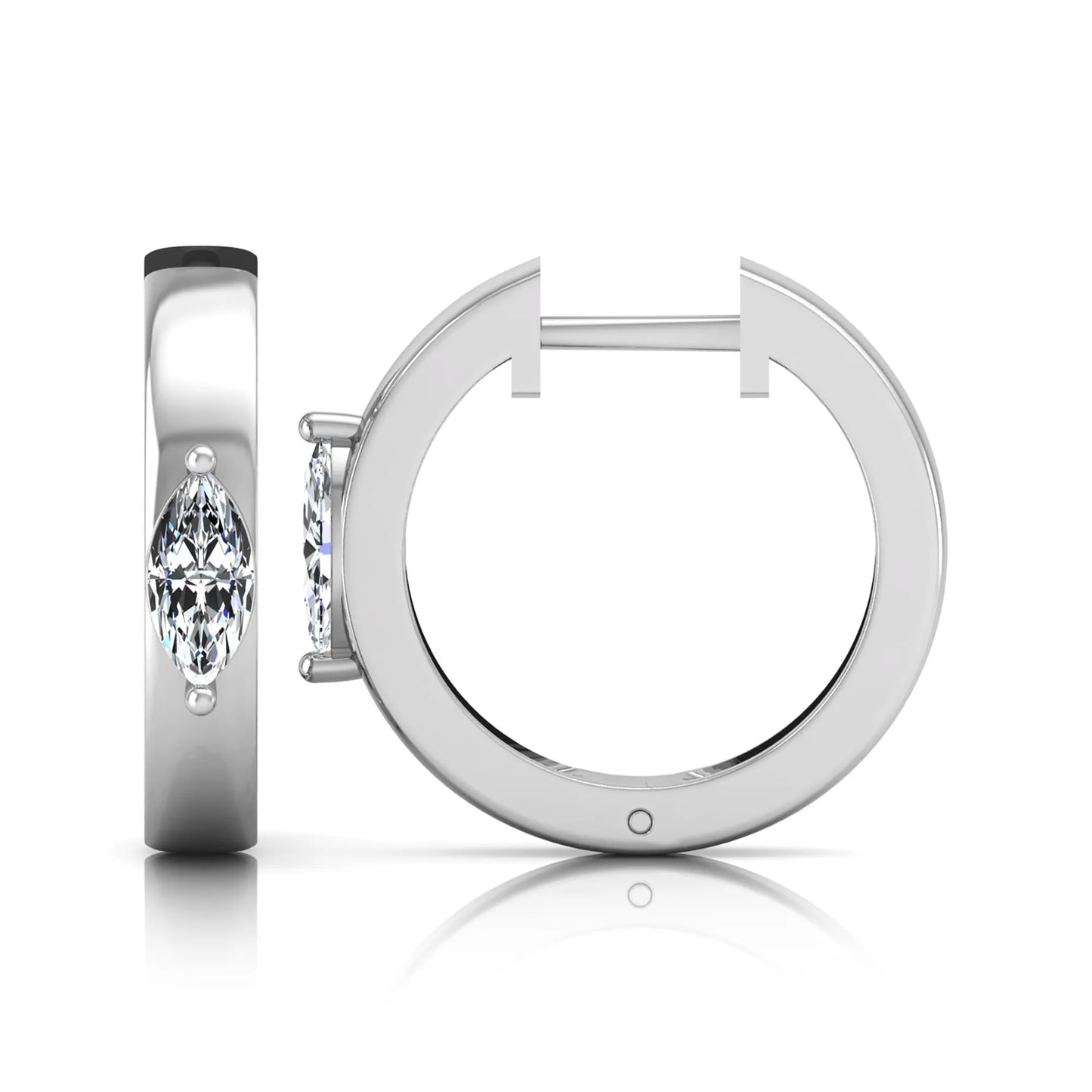 Marquise cut lab grown diamond huggie hoop earrings featuring a classic four prong setting and hinged snap closure shown in white gold tone with a polished finish.