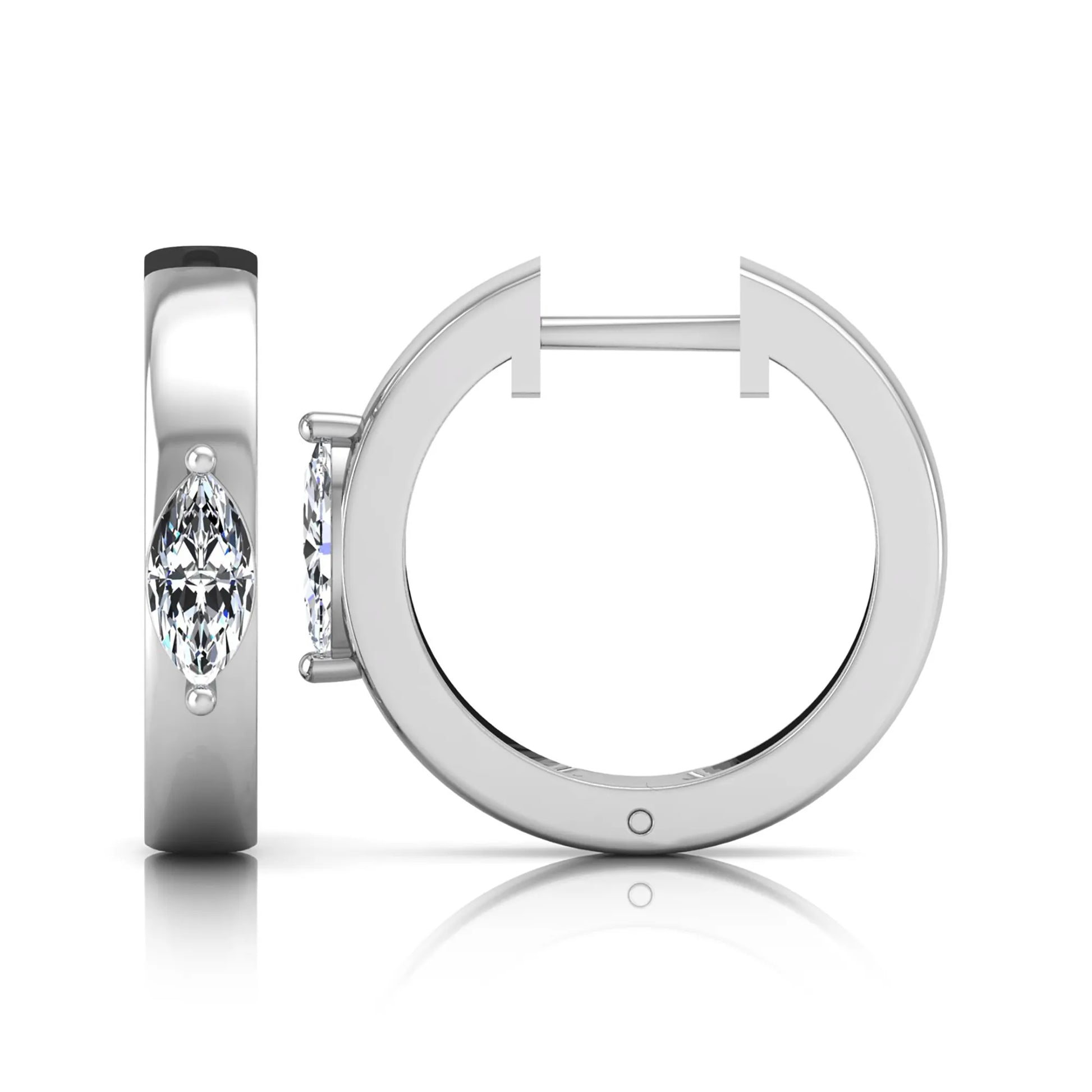 Marquise cut lab grown diamond huggie hoop earrings featuring a classic four prong setting and hinged snap closure shown in white gold tone with a polished finish.