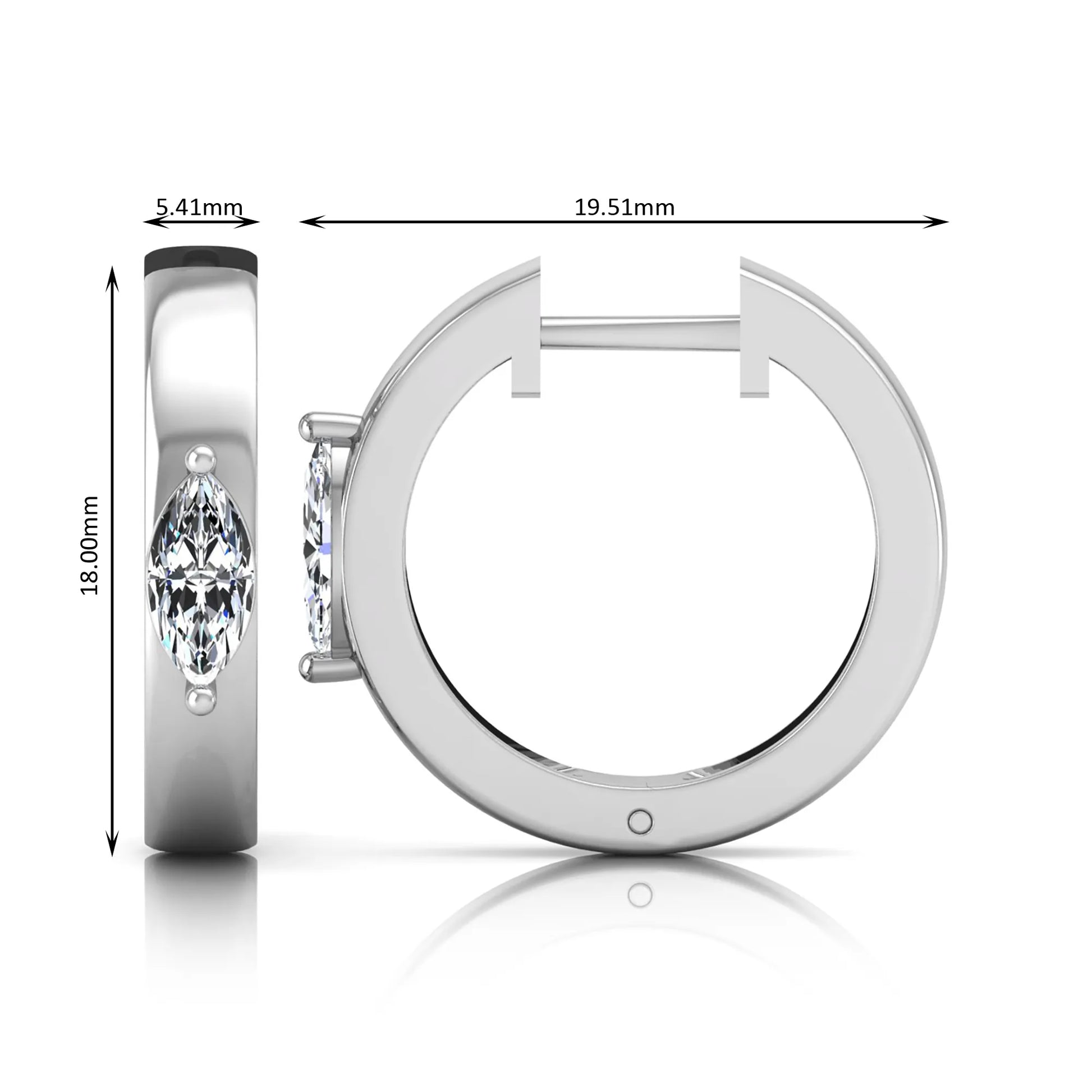 Marquise cut lab grown diamond huggie hoop earrings featuring a classic four prong setting and hinged snap closure shown in white gold tone with a polished finish.