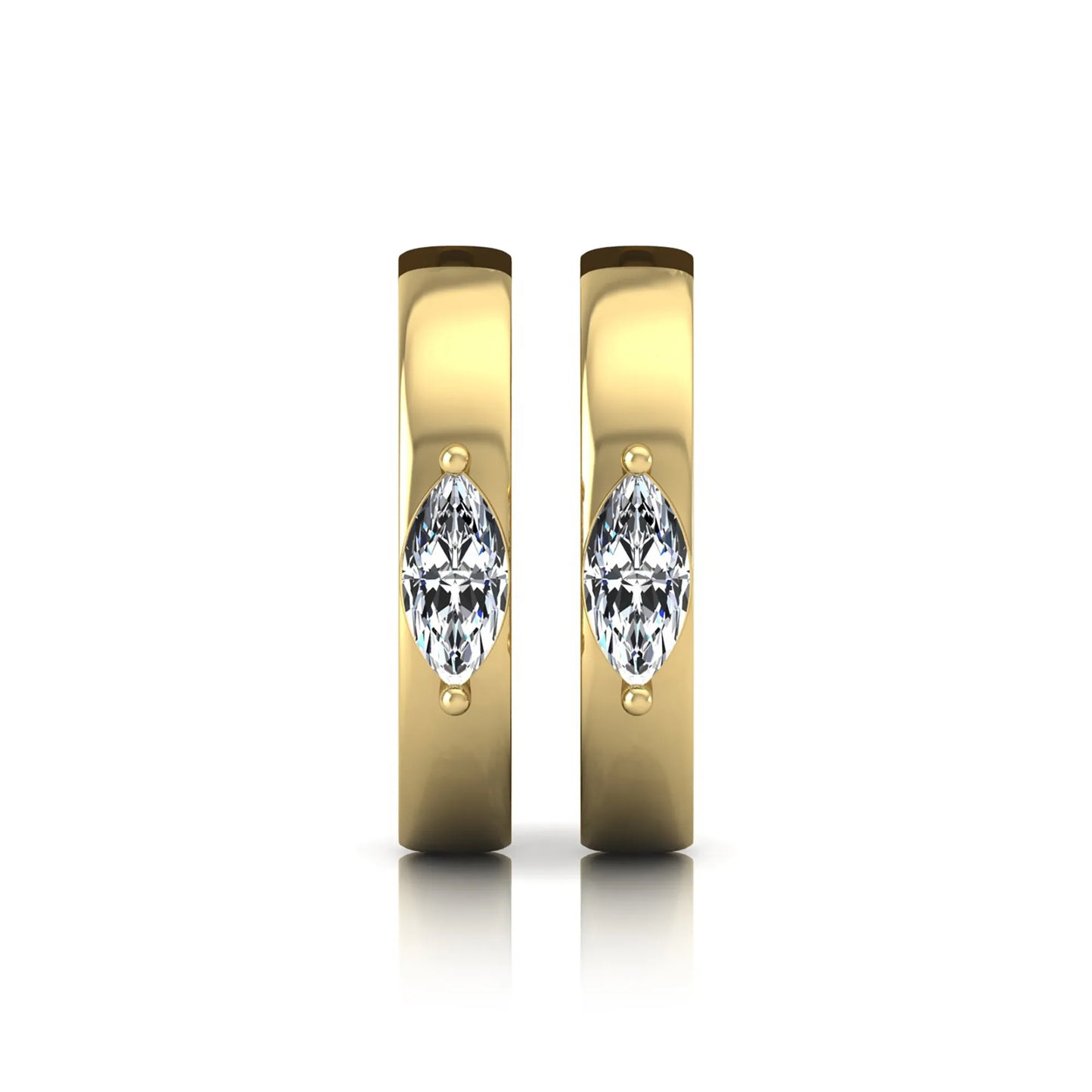 Marquise cut lab grown diamond huggie hoop earrings featuring a classic four prong setting and hinged snap closure shown in yellow gold tone with a polished finish.