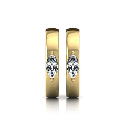 Marquise cut lab grown diamond huggie hoop earrings featuring a classic four prong setting and hinged snap closure shown in yellow gold tone with a polished finish.