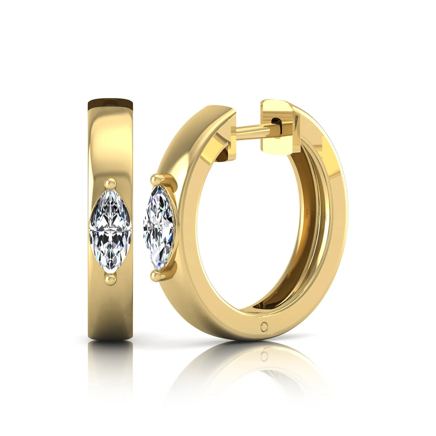 Marquise cut lab grown diamond huggie hoop earrings featuring a classic four prong setting and hinged snap closure shown in yellow gold tone with a polished finish.