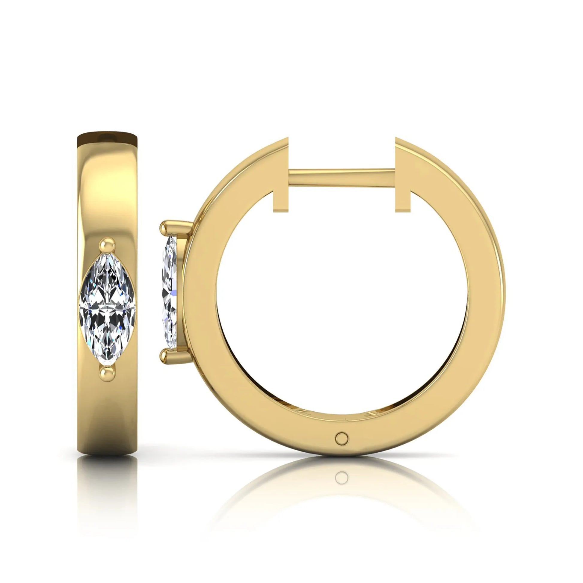 Marquise cut lab grown diamond huggie hoop earrings featuring a classic four prong setting and hinged snap closure shown in yellow gold tone with a polished finish.