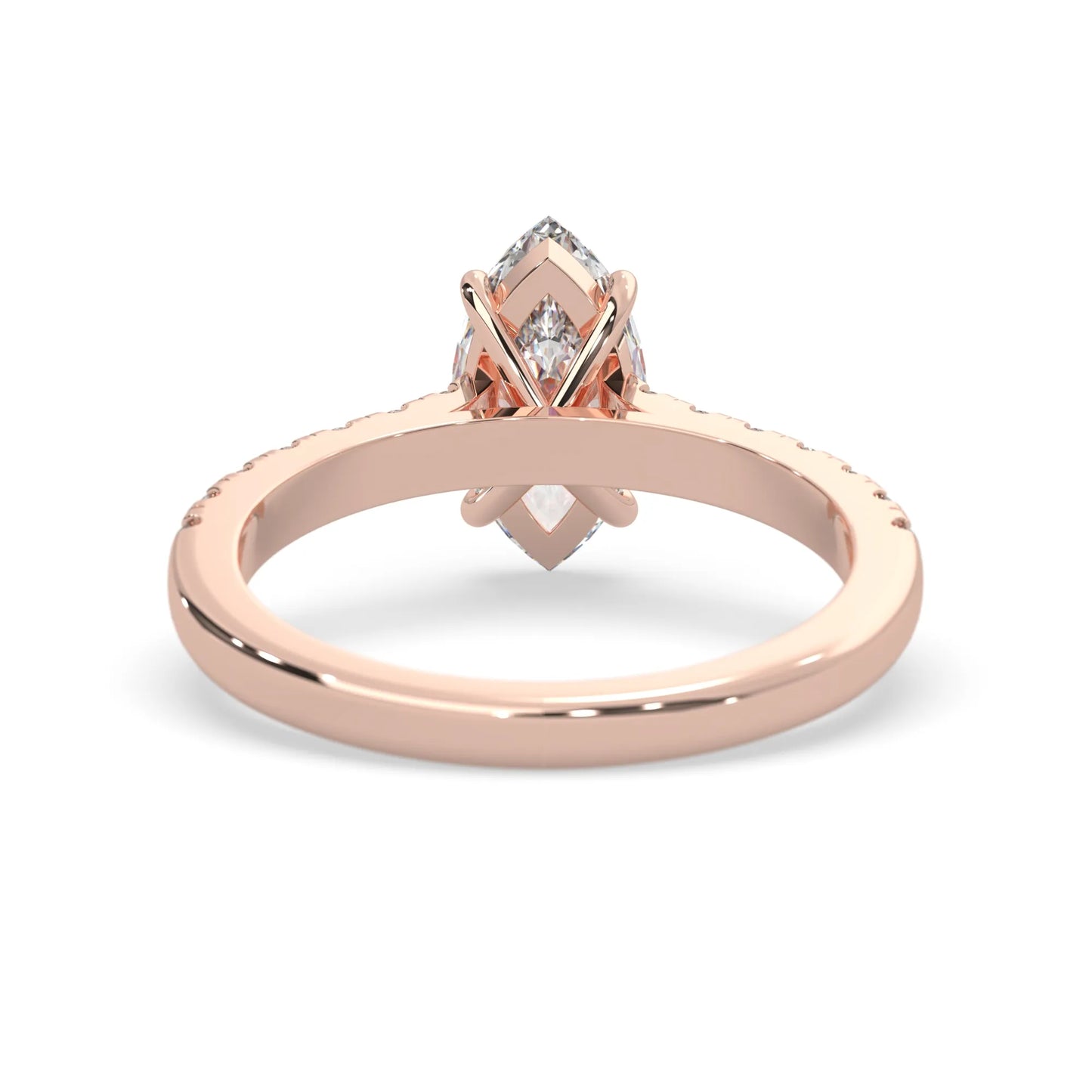 marquise cut lab grown diamond prong set engagement ring with pavé band and rose gold  metal tone design