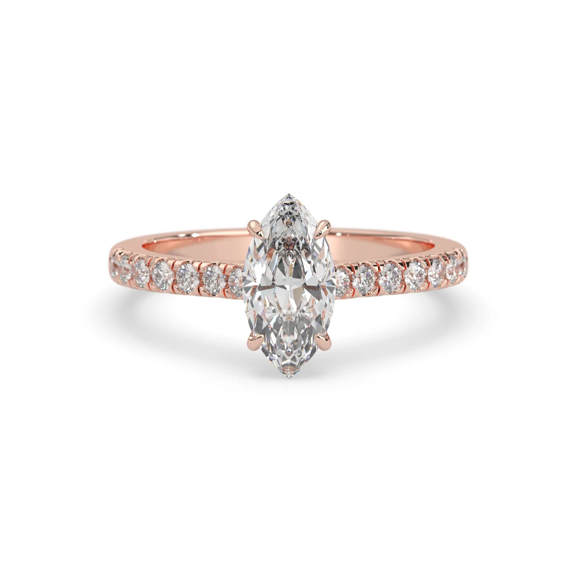 marquise cut lab grown diamond prong set engagement ring with pavé band and rose gold  metal tone design