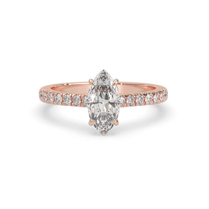 marquise cut lab grown diamond prong set engagement ring with pavé band and rose gold  metal tone design