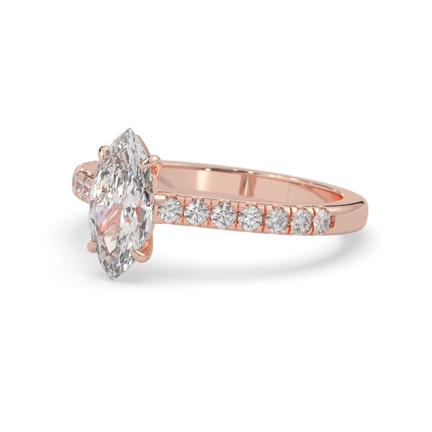 marquise cut lab grown diamond prong set engagement ring with pavé band and rose gold  metal tone design
