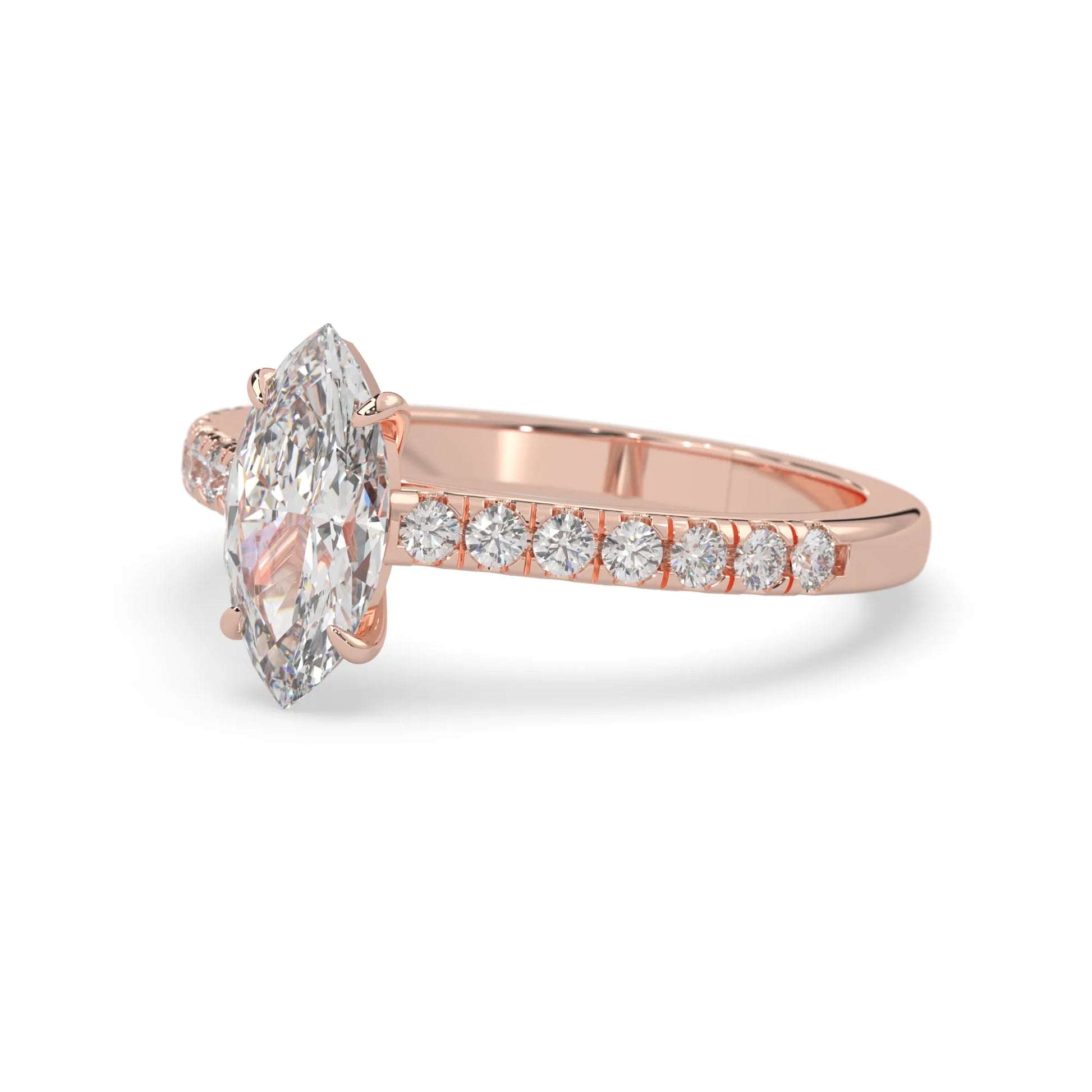 marquise cut lab grown diamond prong set engagement ring with pavé band and rose gold  metal tone design