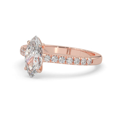 marquise cut lab grown diamond prong set engagement ring with pavé band and rose gold  metal tone design