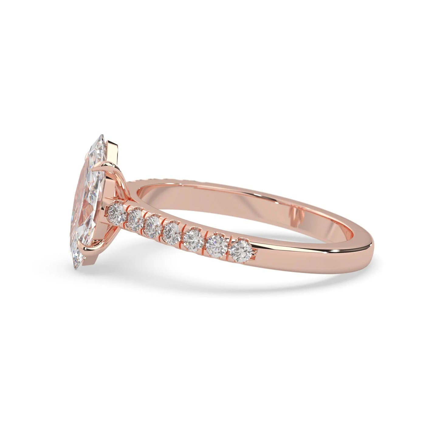 marquise cut lab grown diamond prong set engagement ring with pavé band and rose gold  metal tone design