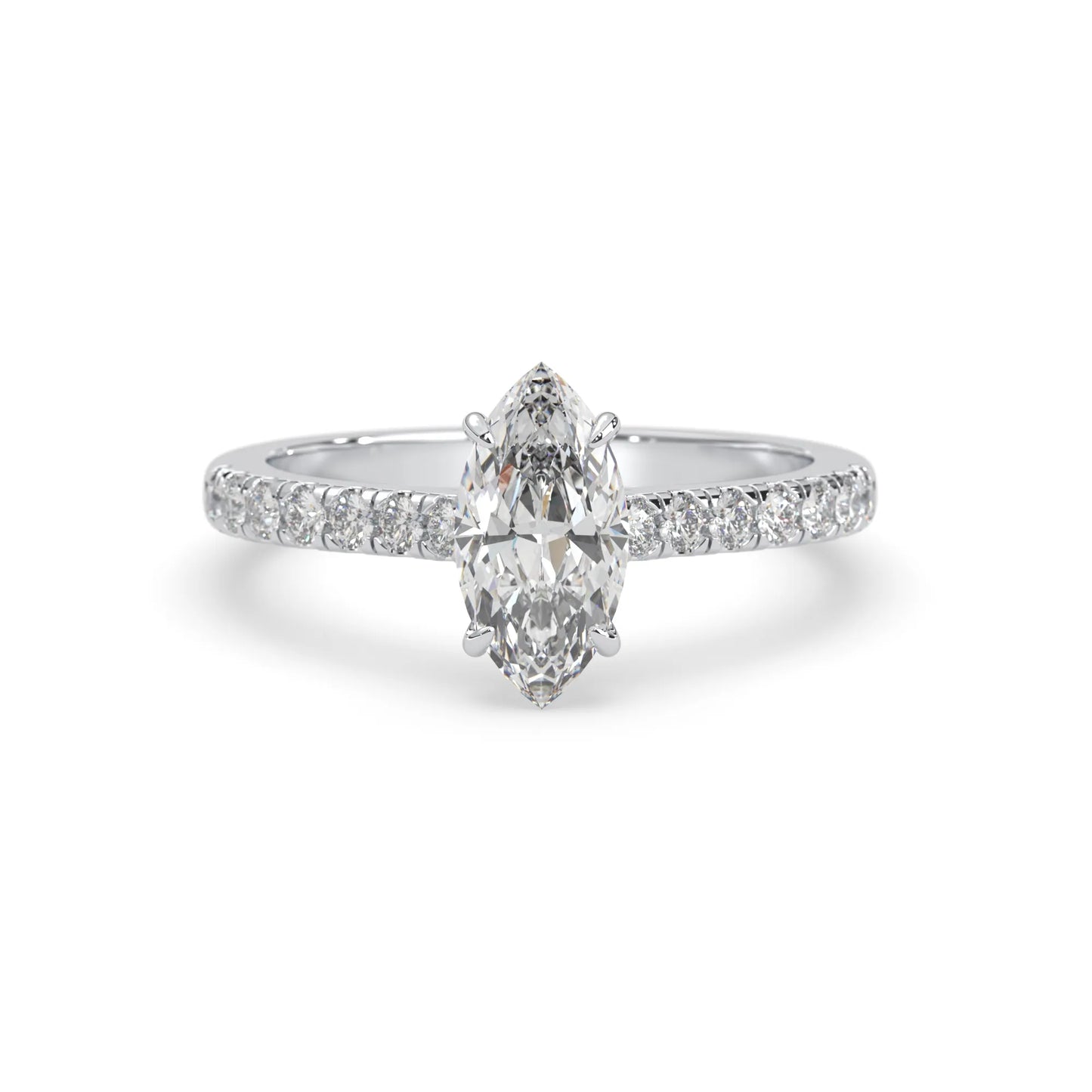 marquise cut lab grown diamond prong set engagement ring with pavé band and white gold  metal tone design