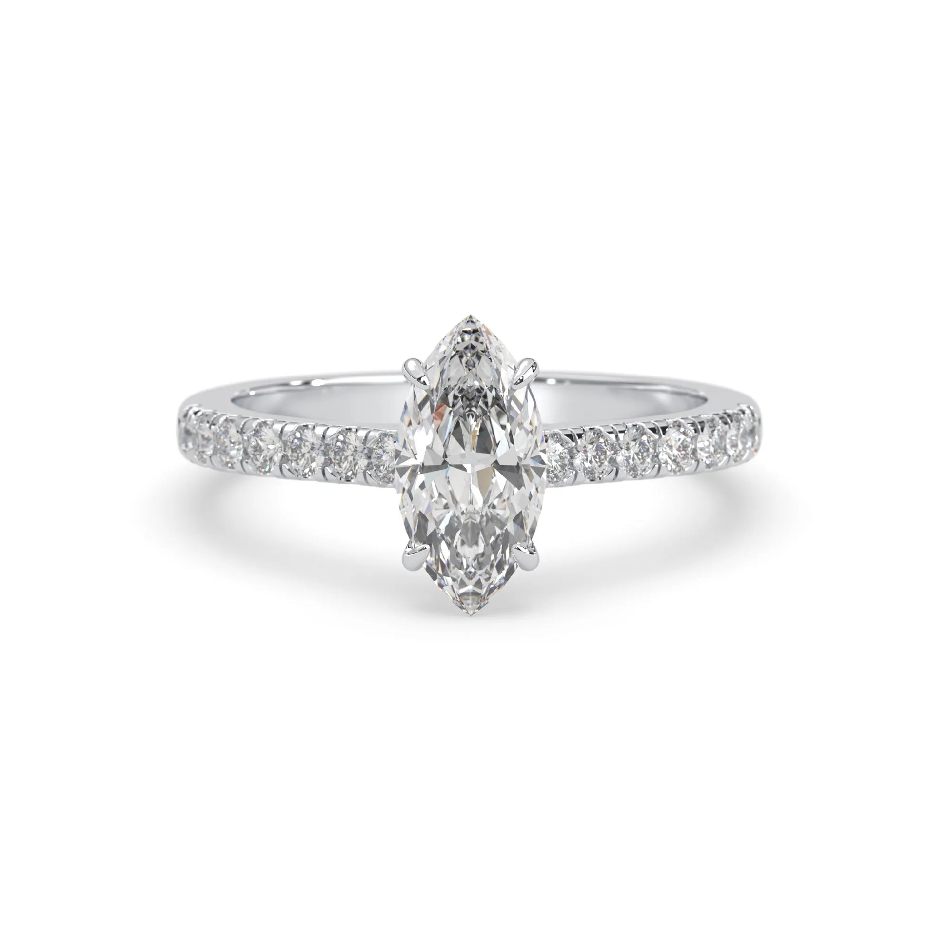 marquise cut lab grown diamond prong set engagement ring with pavé band and white gold  metal tone design