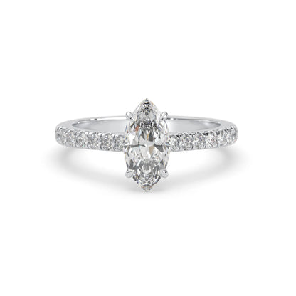 marquise cut lab grown diamond prong set engagement ring with pavé band and white gold  metal tone design