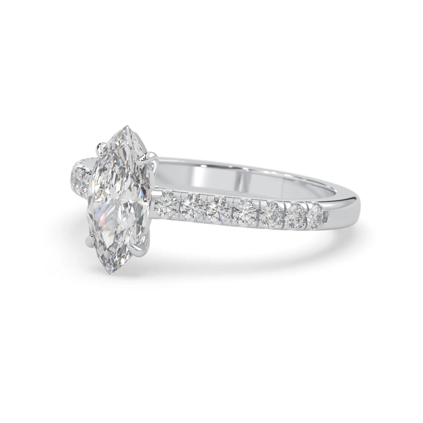marquise cut lab grown diamond prong set engagement ring with pavé band and white gold  metal tone design