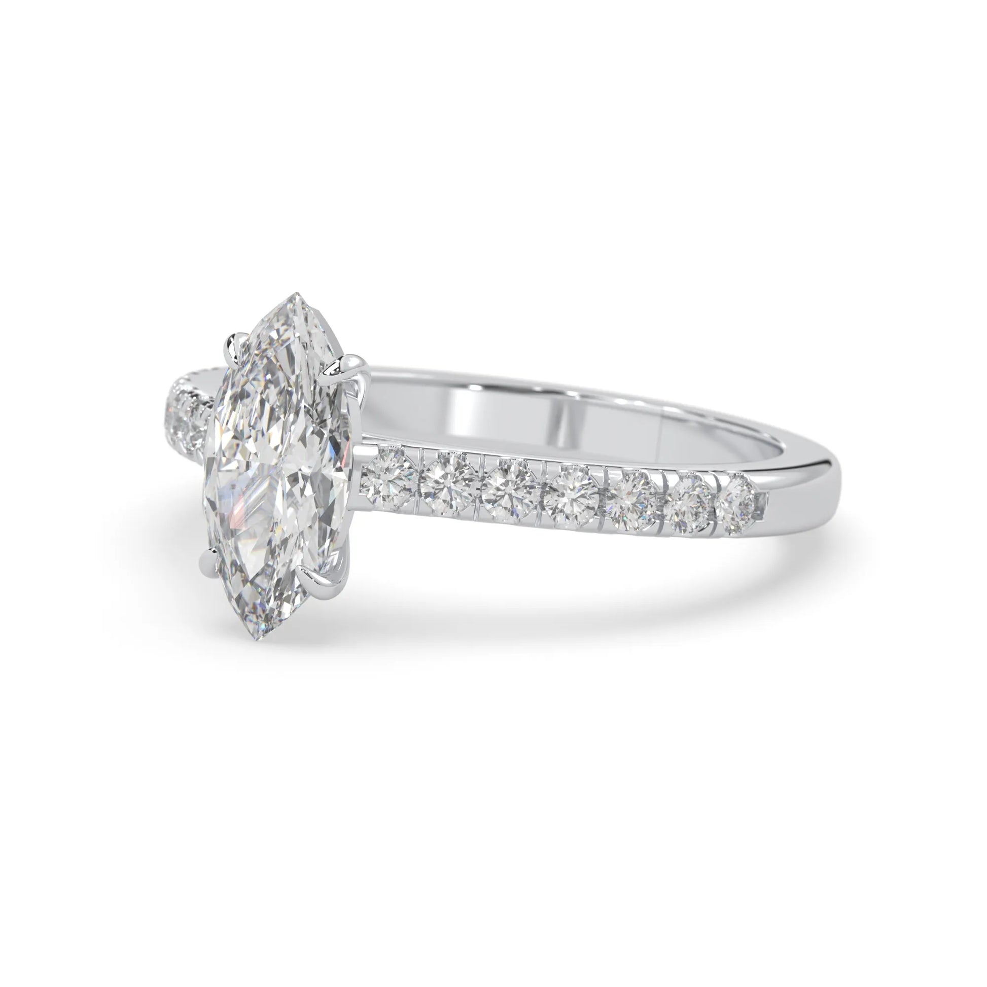 marquise cut lab grown diamond prong set engagement ring with pavé band and white gold  metal tone design