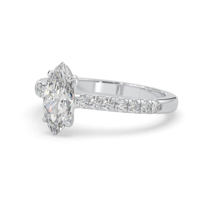 marquise cut lab grown diamond prong set engagement ring with pavé band and white gold  metal tone design