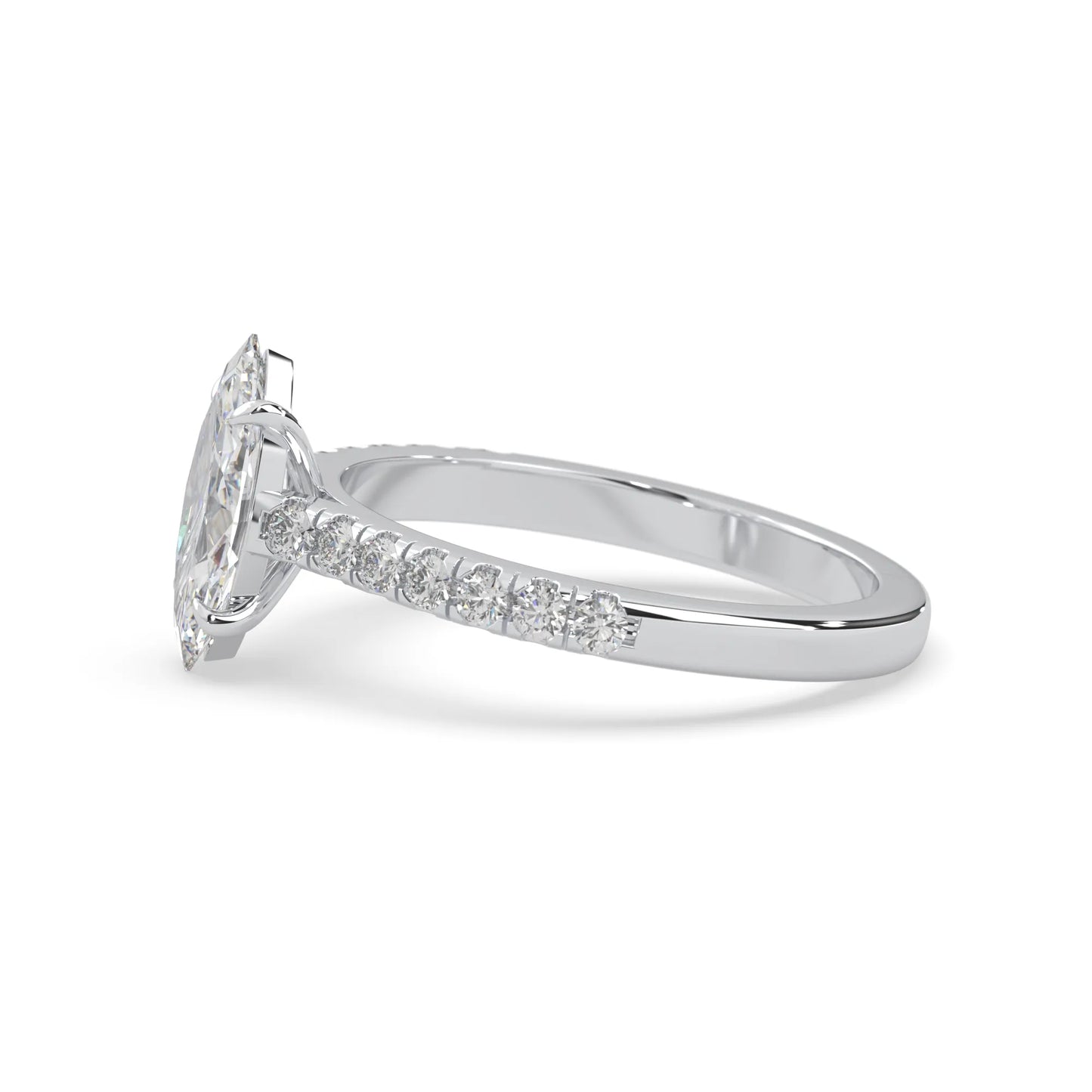 marquise cut lab grown diamond prong set engagement ring with pavé band and white gold  metal tone design