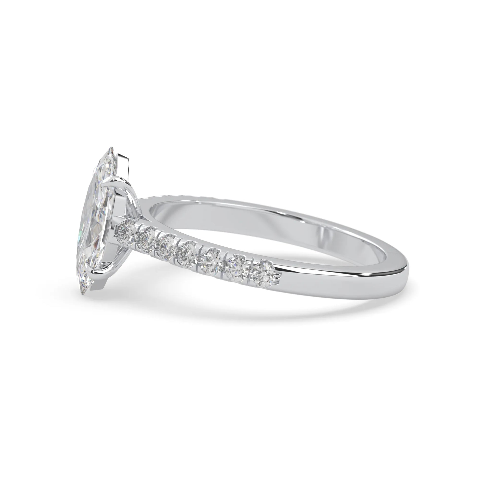 marquise cut lab grown diamond prong set engagement ring with pavé band and white gold  metal tone design